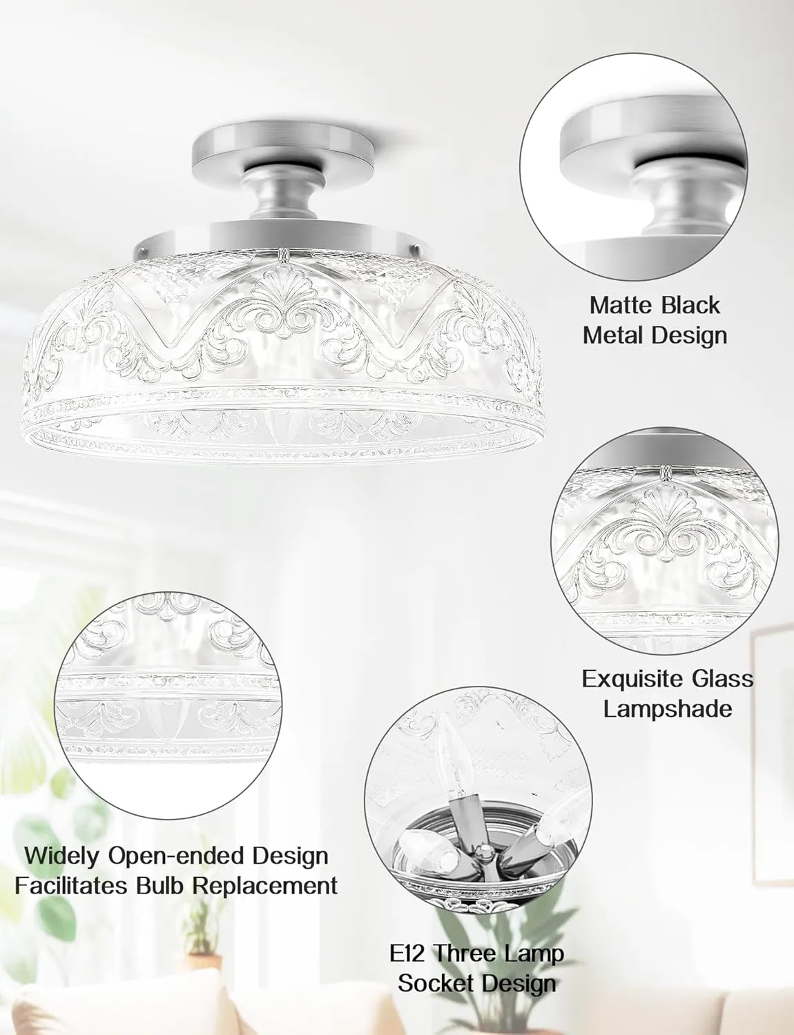 Semi Flush Mount Ceiling Light, 12 Inch Large Silver Ceiling Light Fixture, 3-Light Globe Glass Farmhouse Kitchen Lighting Fixtures for Bathroom, Hallway, Dining Room (Bulb Not Included)
