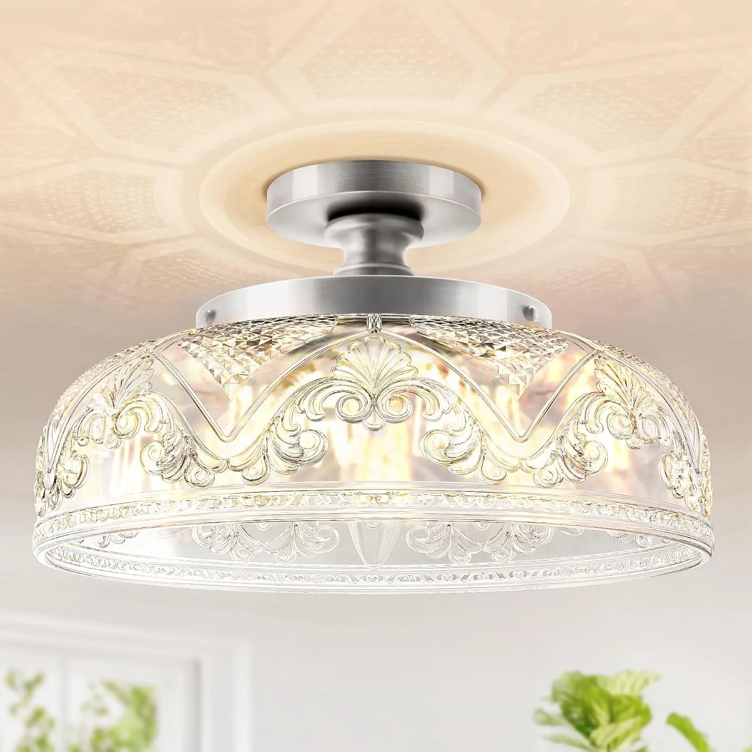 Semi Flush Mount Ceiling Light, 12 Inch Large Silver Ceiling Light Fixture, 3-Light Globe Glass Farmhouse Kitchen Lighting Fixtures for Bathroom, Hallway, Dining Room (Bulb Not Included)