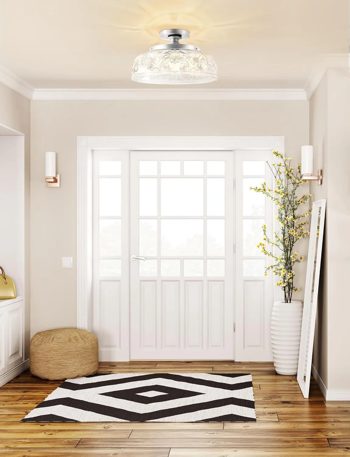 Semi Flush Mount Ceiling Light, 12 Inch Large Silver Ceiling Light Fixture, 3-Light Globe Glass Farmhouse Kitchen Lighting Fixtures for Bathroom, Hallway, Dining Room (Bulb Not Included)