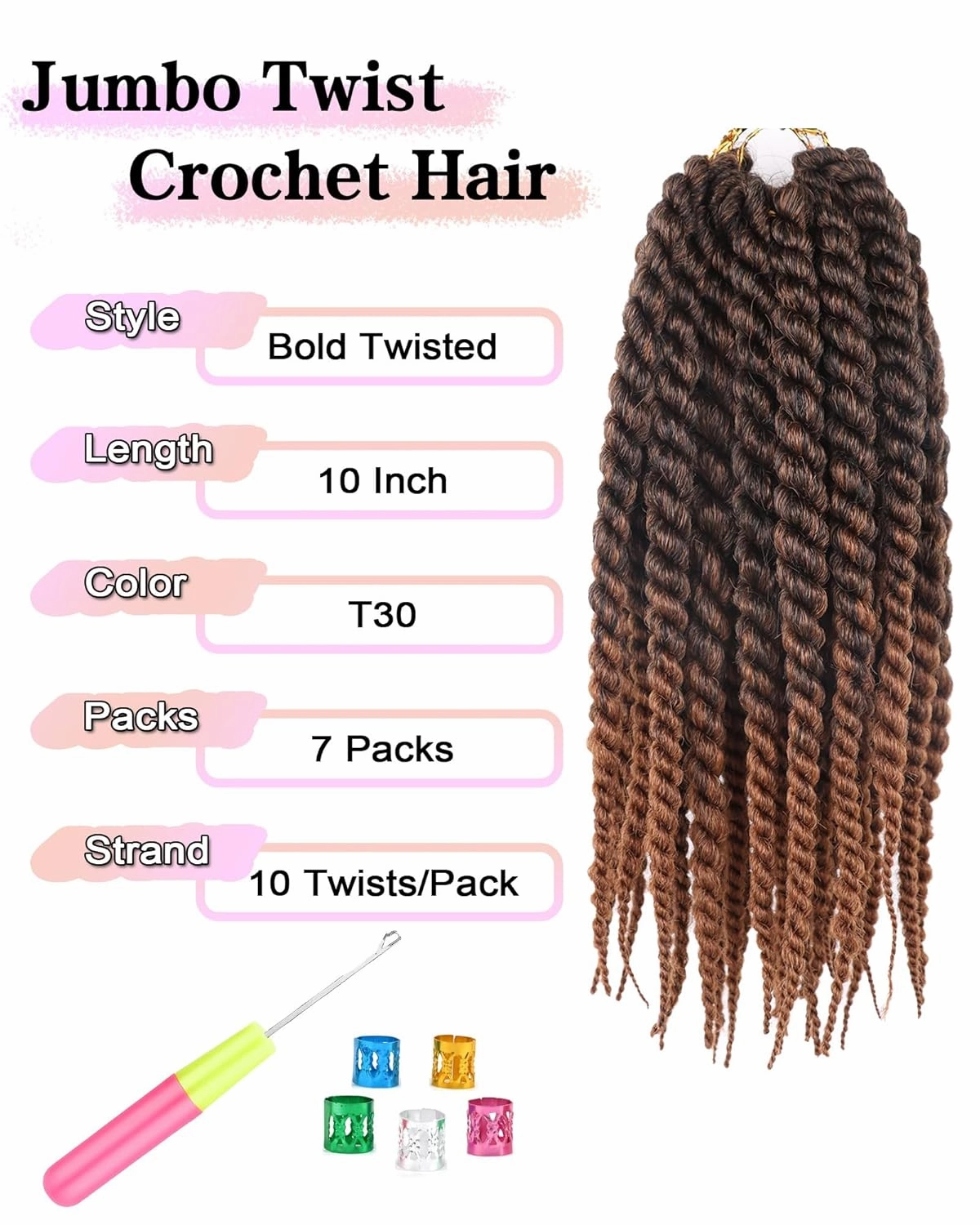 Senegalese Twist Crochet Hair 10 Inch 7 Packs Jumbo Havana Twist Crochet Hair for Black Women Pre Twisted Cuban Twists Crochet Braids Pre Looped Kinky Twist Hair (10 Inch,T30-Black to Light Auburn)