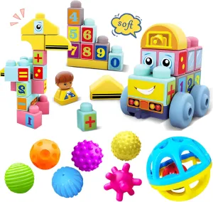 Sensory Balls for Baby & Soft Building Blocks for Toddlers Bundle – Montessori Toys, Colorful Sensory Balls & Soft Blocks for Babies 6-12 Months