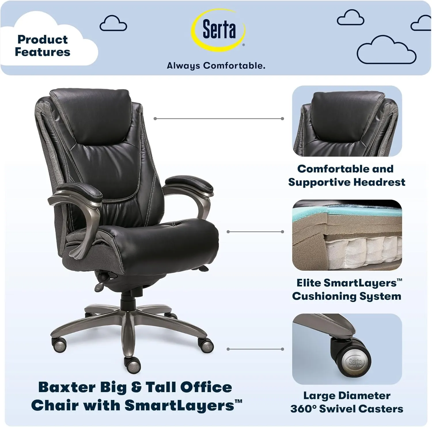 Serta Baxter Big and Tall Smart Layers Executive Office Chair with ComfortCoils, Ergonomic Computer Chair with Layered Body Pillows, Black & Gray Bonded Leather