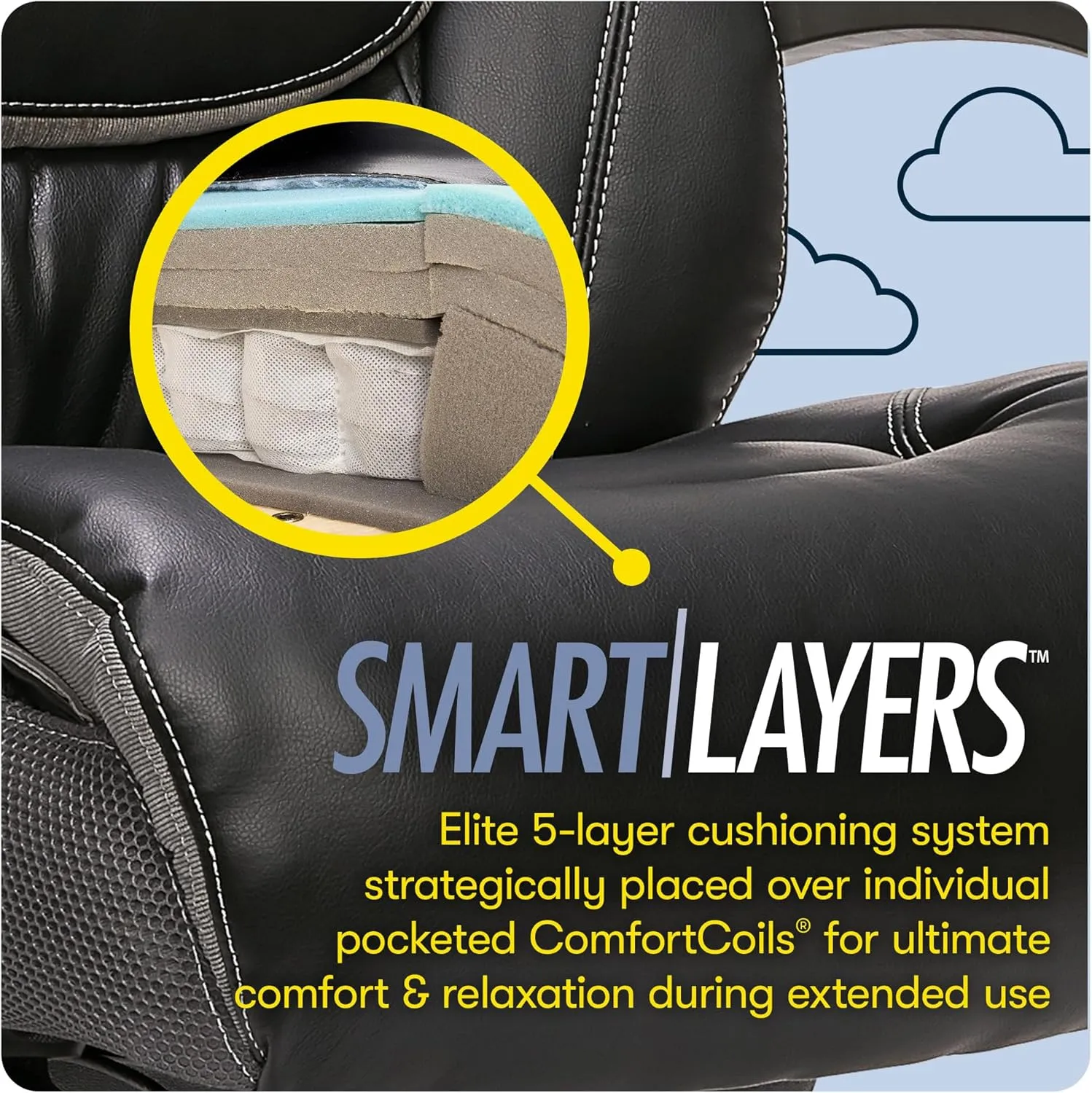 Serta Baxter Big and Tall Smart Layers Executive Office Chair with ComfortCoils, Ergonomic Computer Chair with Layered Body Pillows, Black & Gray Bonded Leather