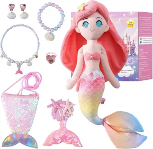 Shining Mermaid Princess Plush Toy Cute Doll Soft Pillow Soothing Sleeping Fantasy Oceanarium Dress Up Game Accompanying Interactive Interesting Gift Suitable for Toddler Girls Creative Birthday Gift