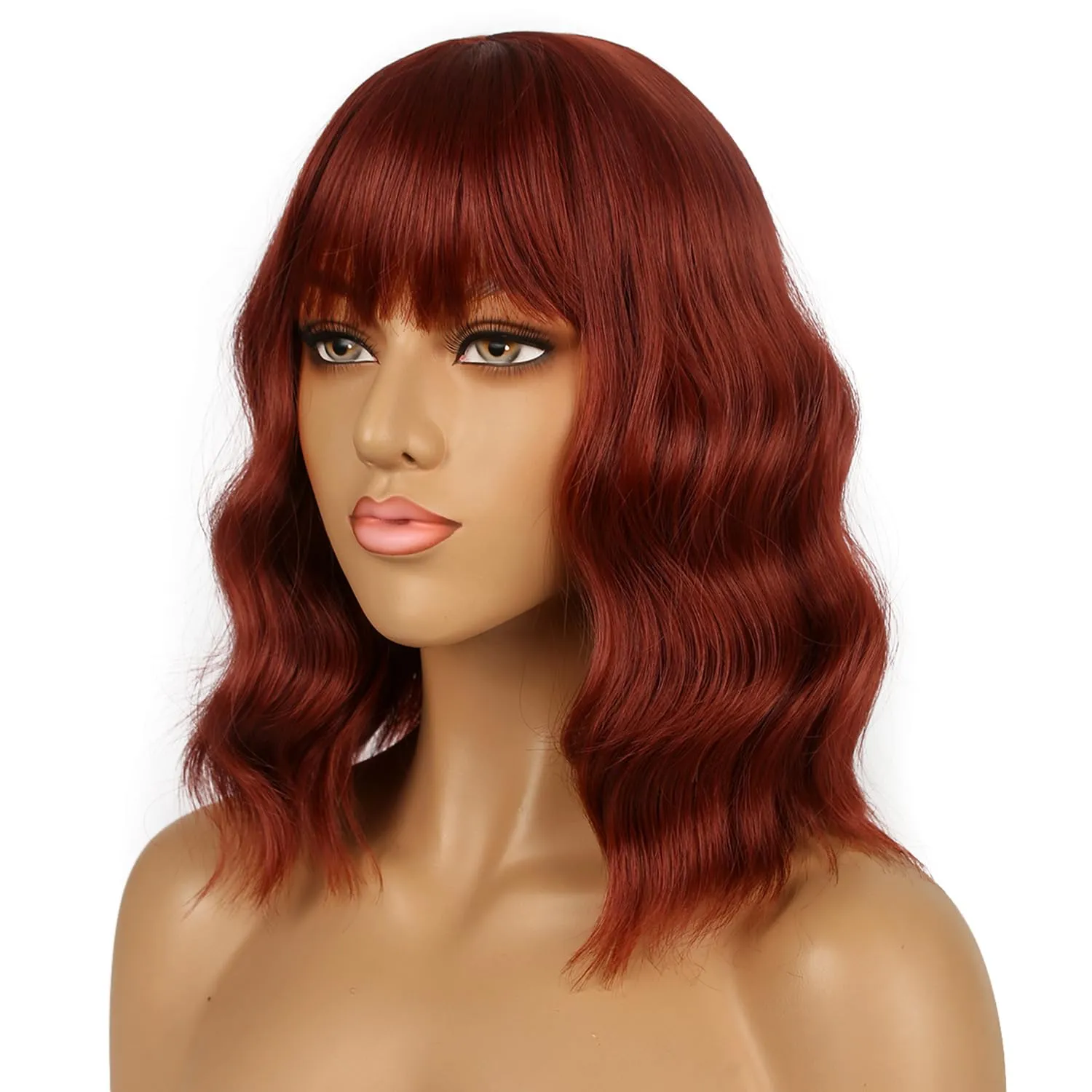 Short Bob Wigs with Bangs for Women Loose Wavy Wig Curly Wavy Shoulder Length Bob Synthetic Cosplay Wig for Girl Colorful Costume Wigs (Auburn)