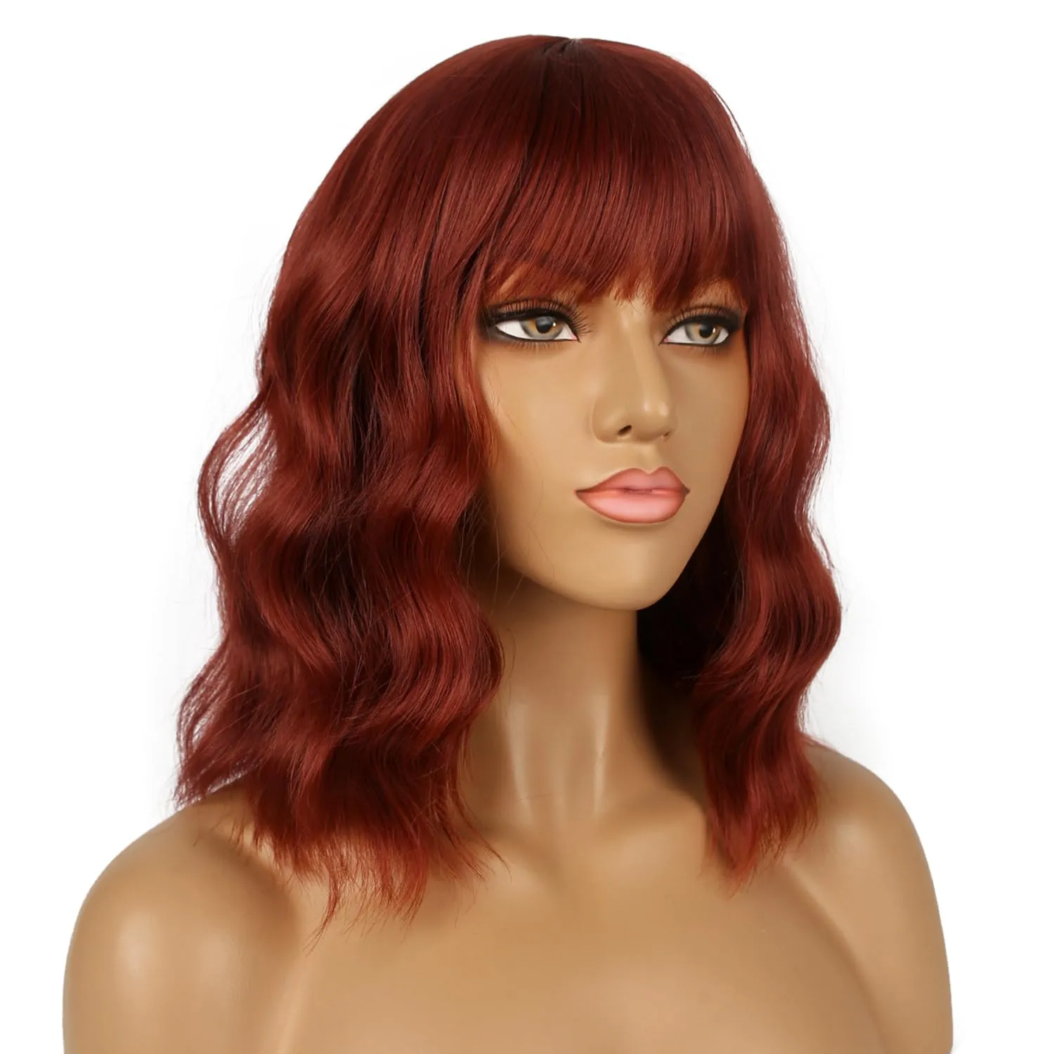 Short Bob Wigs with Bangs for Women Loose Wavy Wig Curly Wavy Shoulder Length Bob Synthetic Cosplay Wig for Girl Colorful Costume Wigs (Auburn)