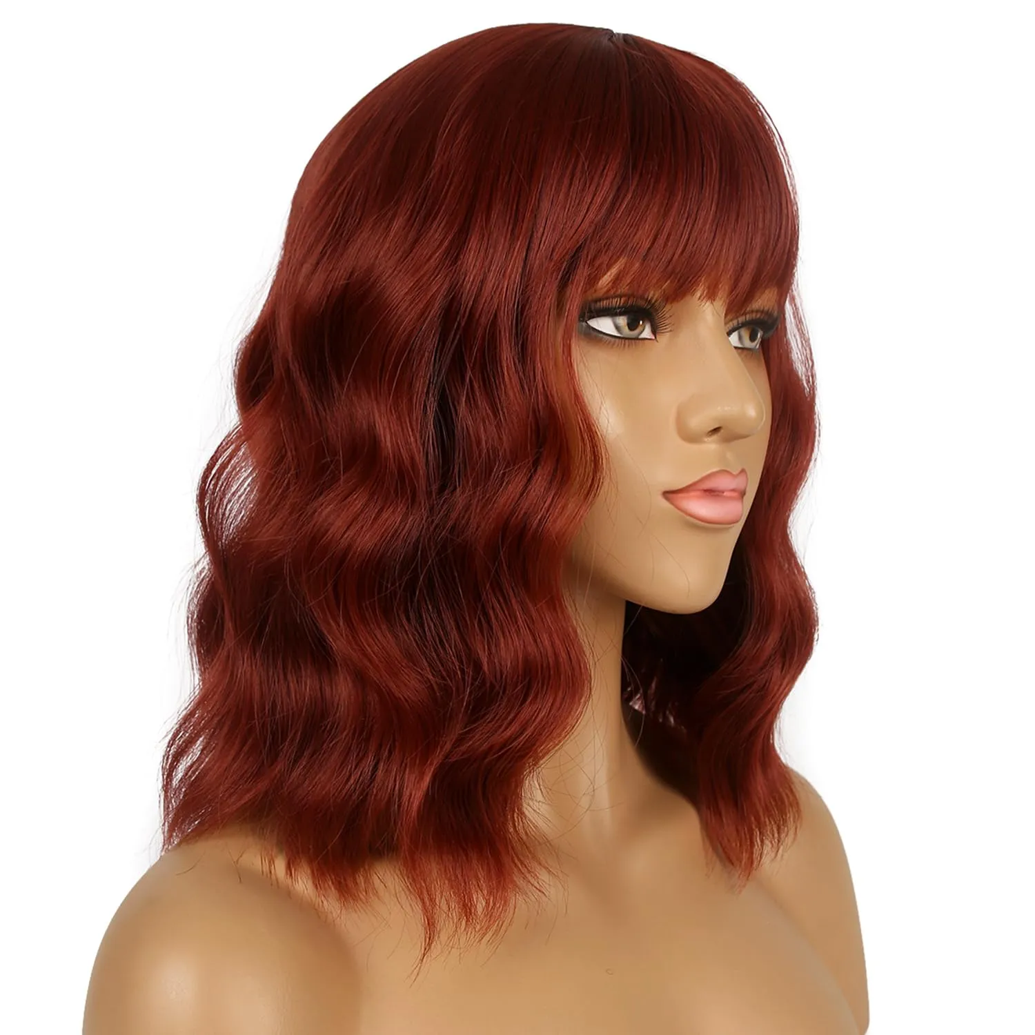 Short Bob Wigs with Bangs for Women Loose Wavy Wig Curly Wavy Shoulder Length Bob Synthetic Cosplay Wig for Girl Colorful Costume Wigs (Auburn)