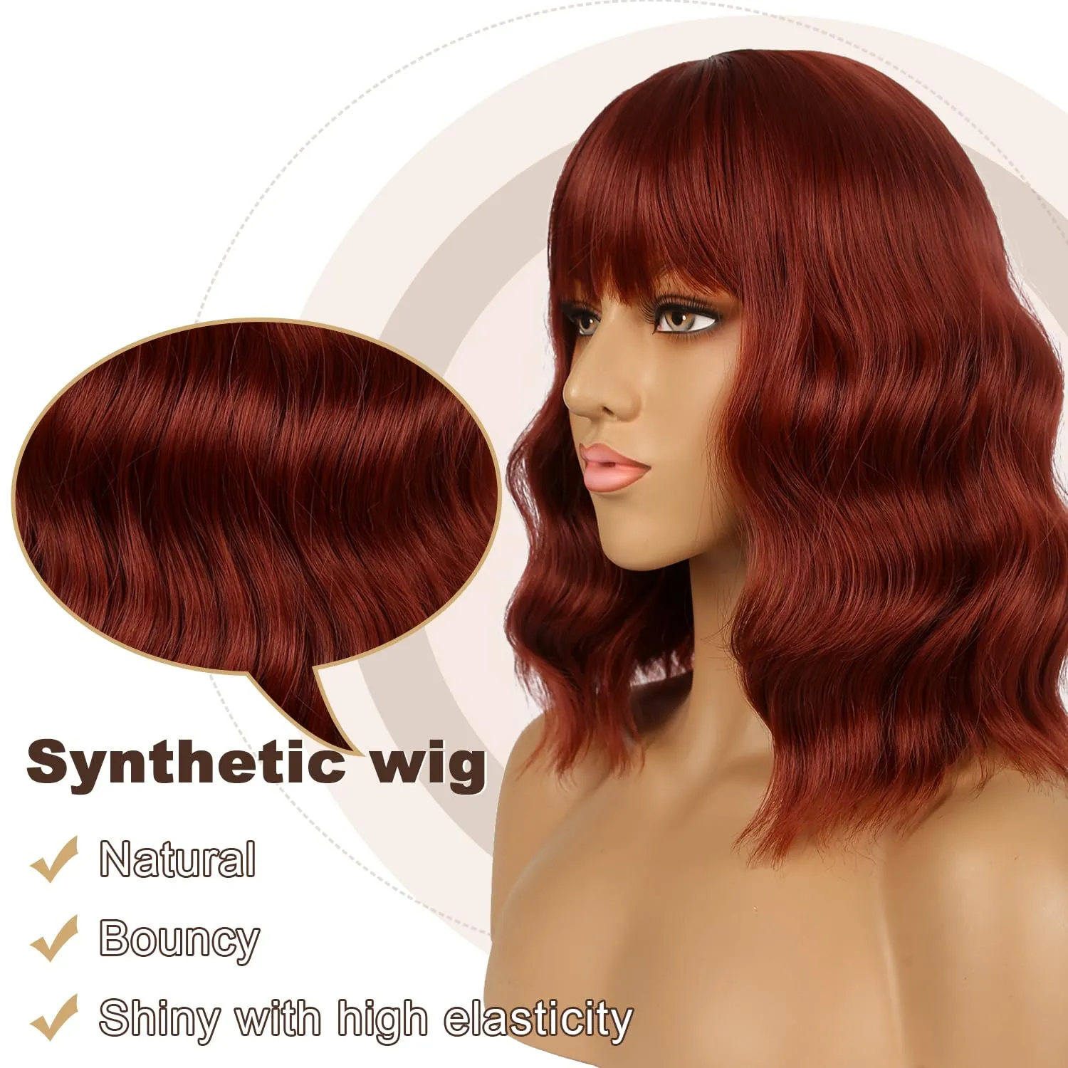 Short Bob Wigs with Bangs for Women Loose Wavy Wig Curly Wavy Shoulder Length Bob Synthetic Cosplay Wig for Girl Colorful Costume Wigs (Auburn)