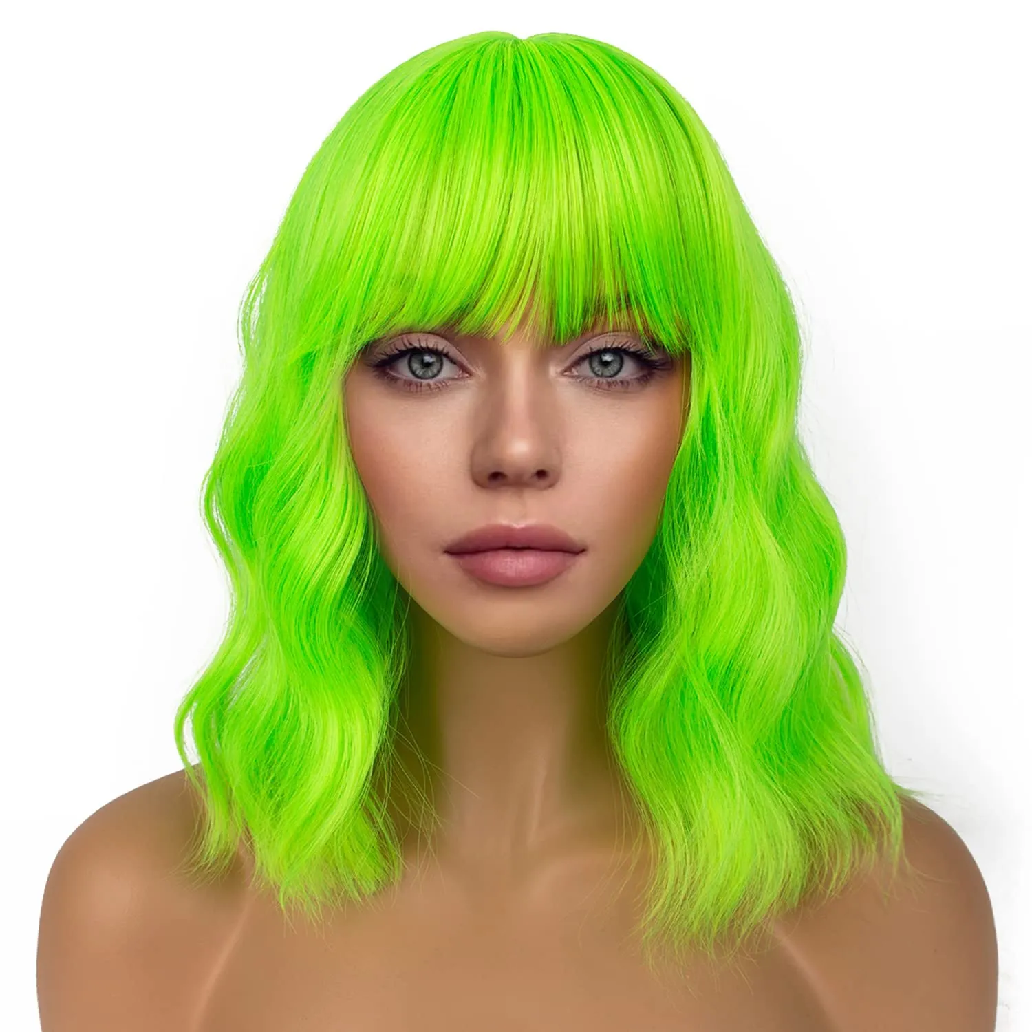 Short Bob Wigs with Bangs for Women Loose Wavy Wig Curly Wavy Shoulder Length Bob Synthetic Cosplay Wig for Girl Colorful Costume Wigs (Neon Green)