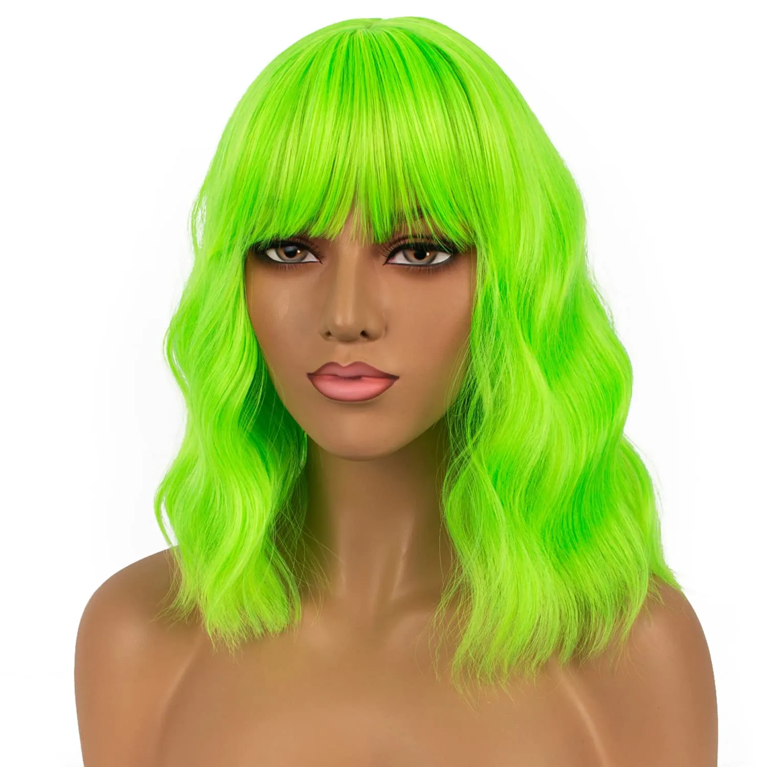 Short Bob Wigs with Bangs for Women Loose Wavy Wig Curly Wavy Shoulder Length Bob Synthetic Cosplay Wig for Girl Colorful Costume Wigs (Neon Green)