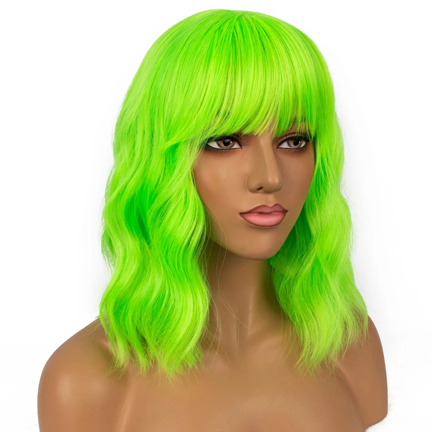 Short Bob Wigs with Bangs for Women Loose Wavy Wig Curly Wavy Shoulder Length Bob Synthetic Cosplay Wig for Girl Colorful Costume Wigs (Neon Green)