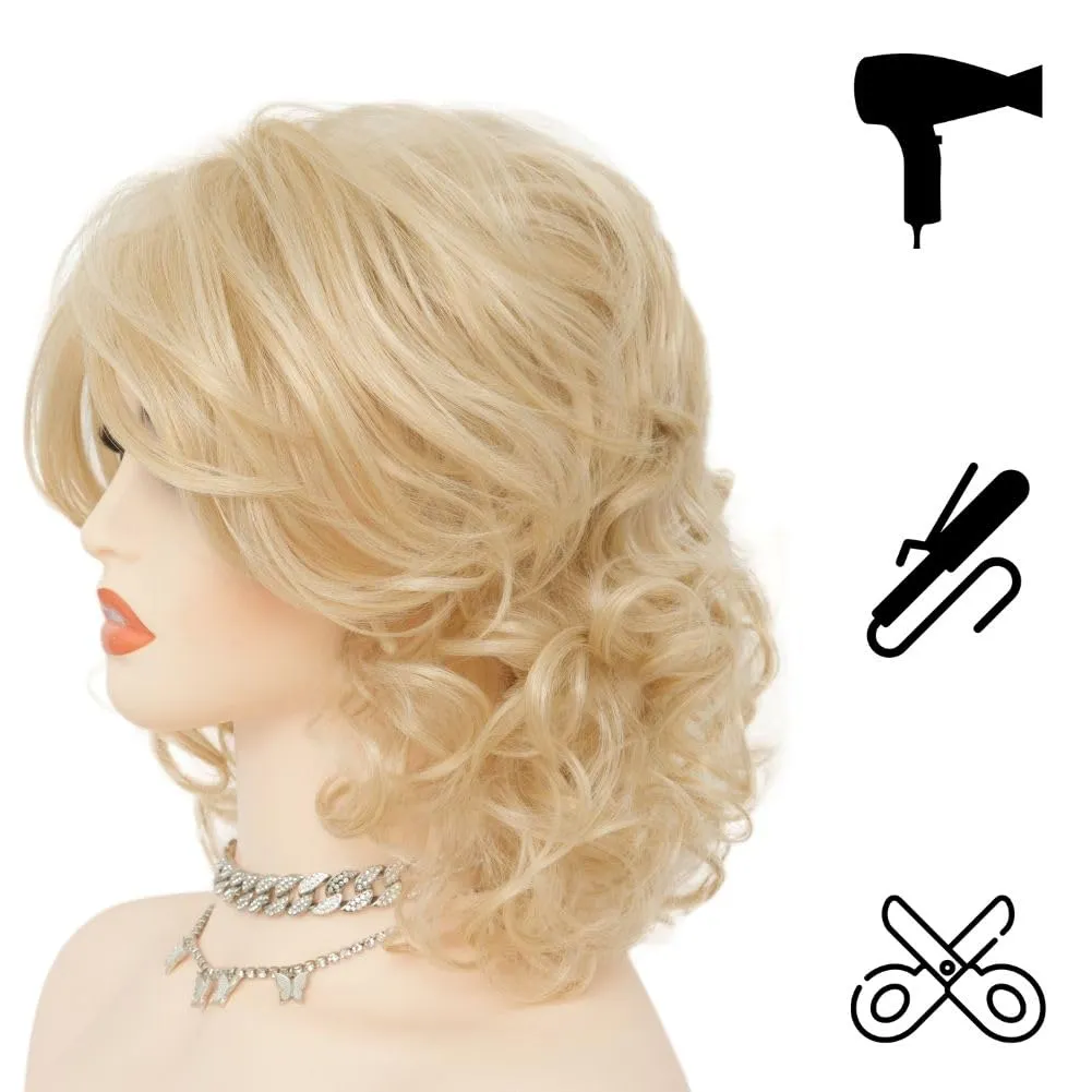 Short Curly Blonde Wigs for Women Natural fluffy Wig with Bangs Synthetic Wig for Cosplay Party