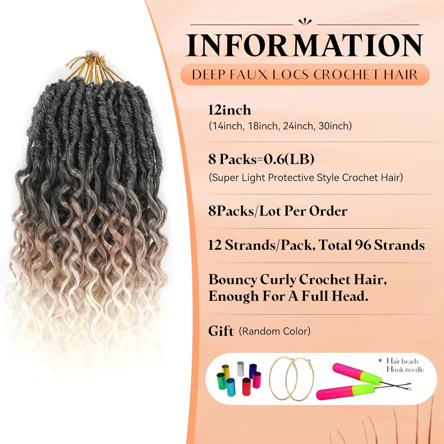 Short Deep Faux Locs Crochet Hair for Black Women 8 Packs 12 Inch Pre Looped Goddess Locs Crochet Hair With Deep Wave Curly Ends Prelooped Synthetic Crochet Braids,Lightweight(12",T1B/27/613#)