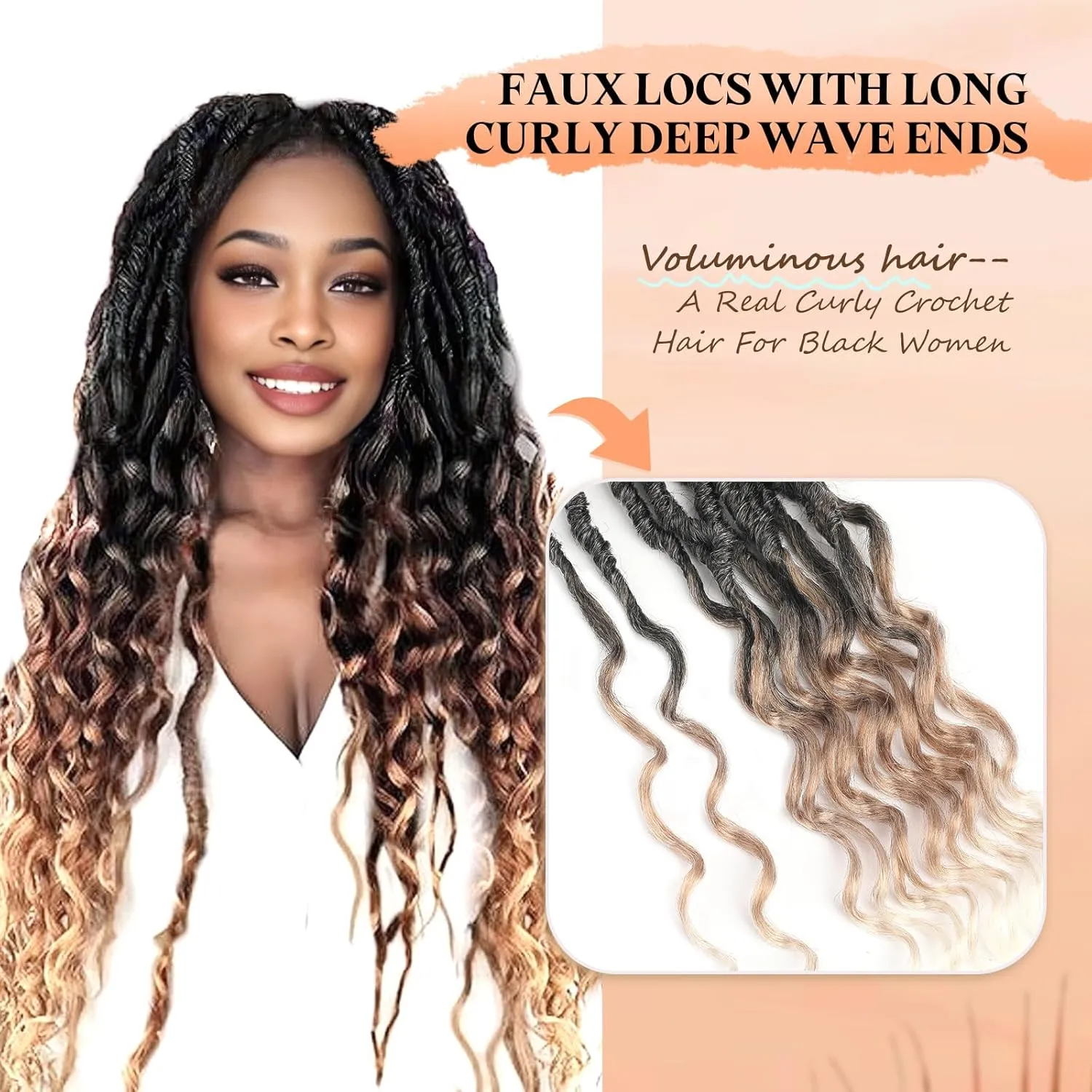 Short Deep Faux Locs Crochet Hair for Black Women 8 Packs 12 Inch Pre Looped Goddess Locs Crochet Hair With Deep Wave Curly Ends Prelooped Synthetic Crochet Braids,Lightweight(12",T1B/27/613#)