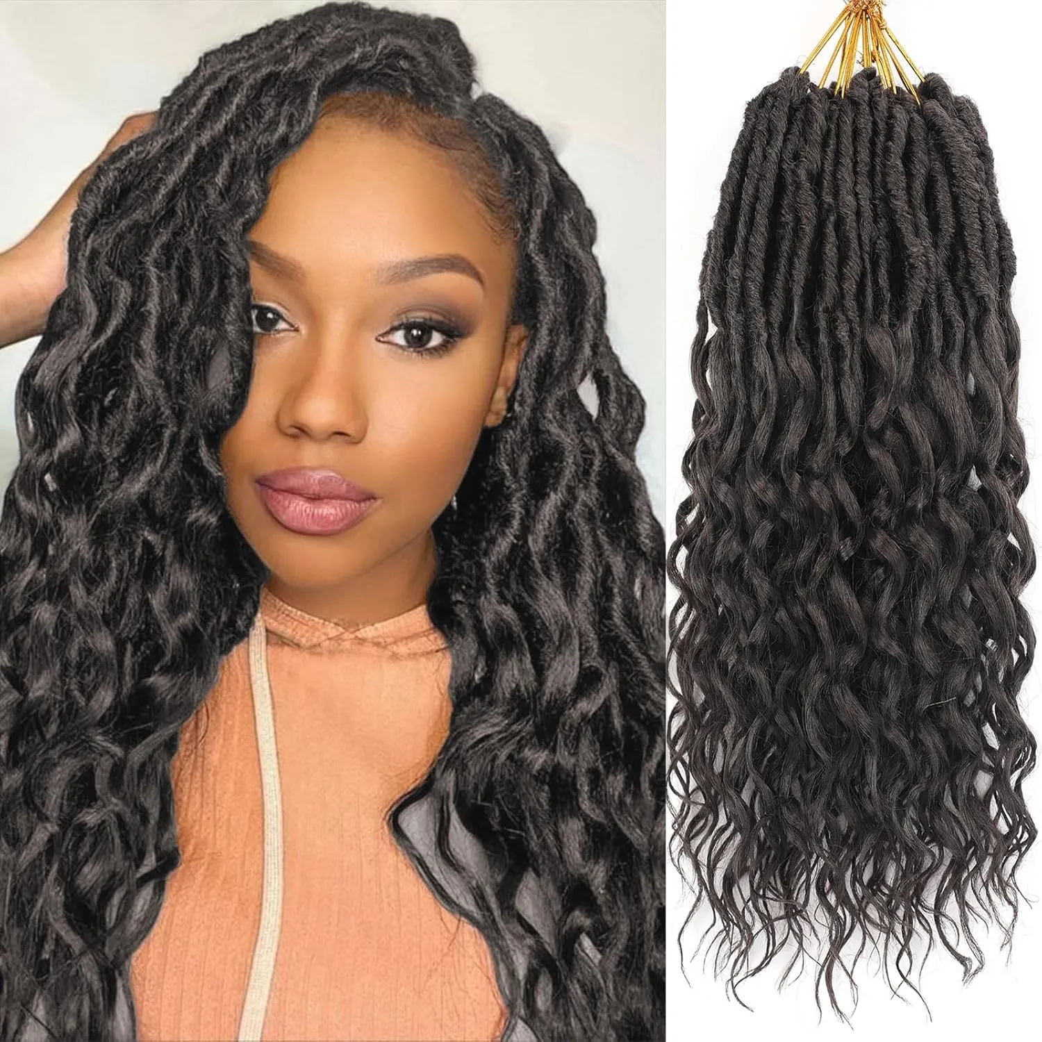 Short Deep Faux Locs Crochet Hair for Black Women-8 Packs 12 Inch Pre Looped Goddess Locs Crochet Hair With Deep Wave Curly Ends Prelooped Synthetic Crochet Braids,Lightweight& Natural Look(12",4#)