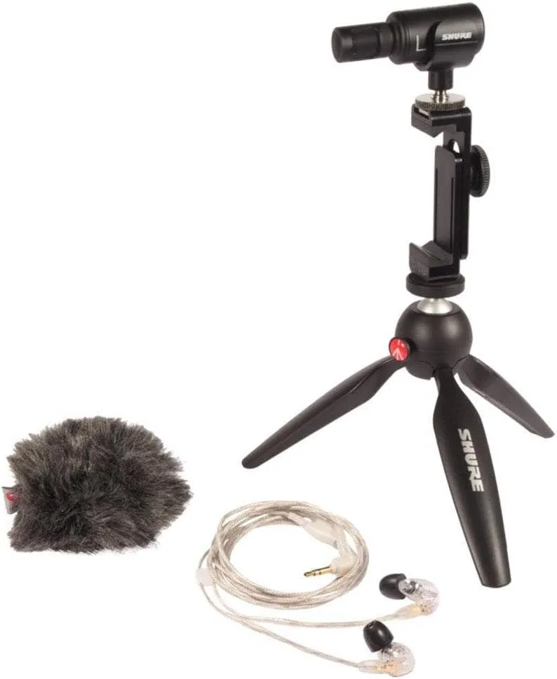 Shure Portable Videography Kit - Professional Recording Rig with MV88  iPhone Mic, Manfrotto PIXI Tripod, Phone Clamp, Mount, AMV88-Fur Windjammer and SE215 PRO Sound Isolating Earbuds (MV88 SE215-CL)