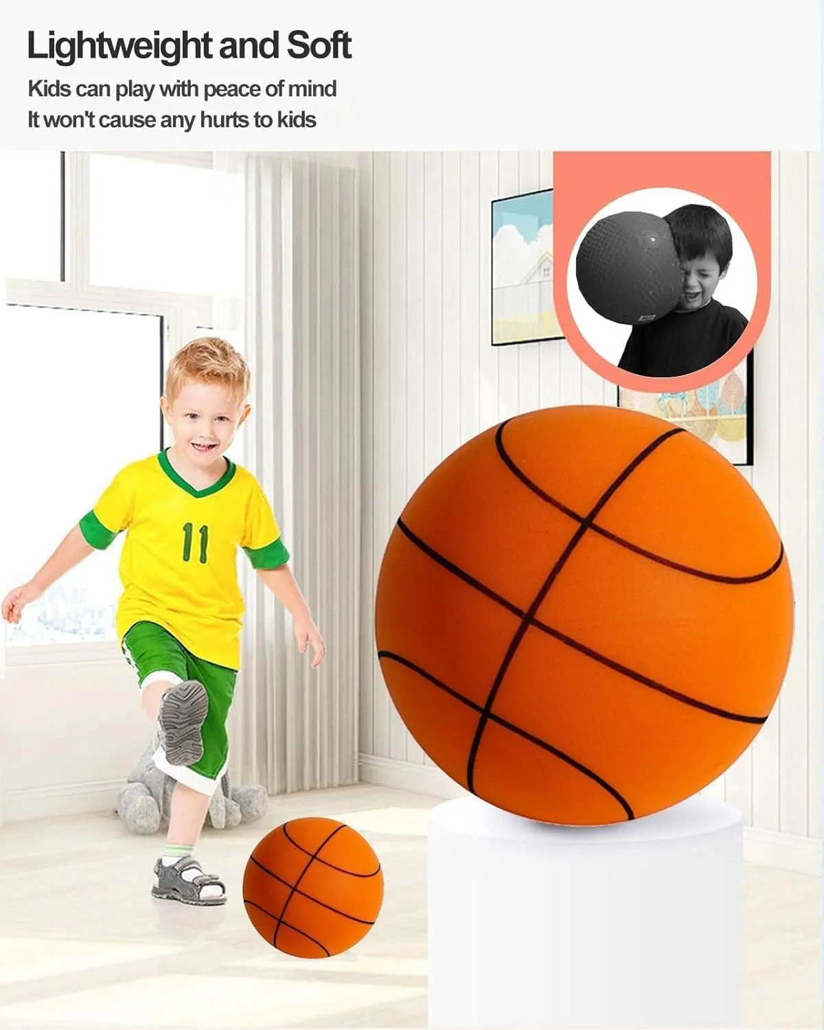 Silent Basketball and Hoop Set, Indoor Basketball Hoop for Kids and Toddlers, Quiet Basketball Dribbling No Noise, Mini Foam Basketball for Door or Wall Mounted, Indoor Dribble and Shoot(Wired Orange