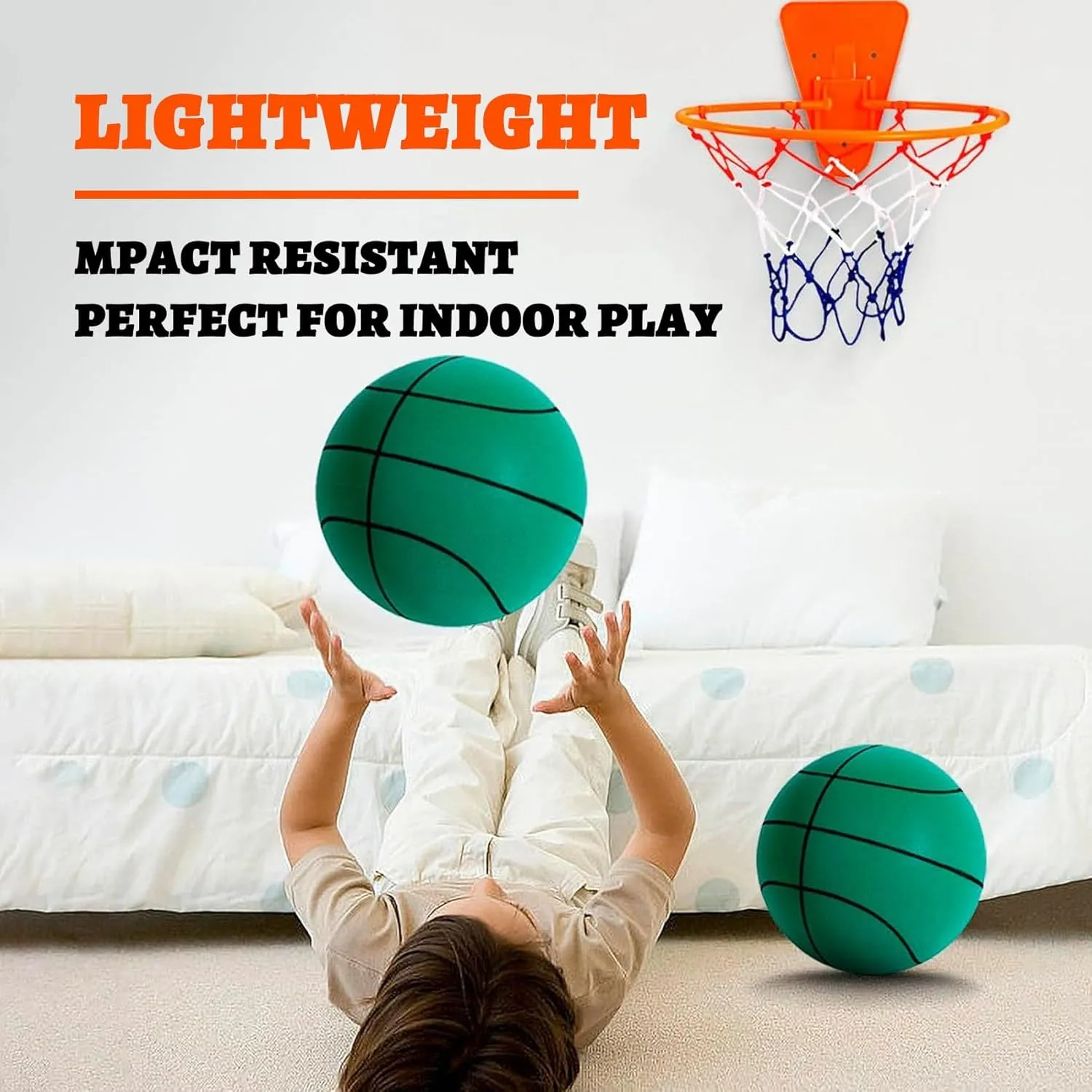 Silent Basketball and Hoop Set, Silent Basketball Hoop, Quiet Basketball Dribbling No Noise, Mini Foam Basketball for Door or Wall Mounted, Size 7/8/9 in, for Kids and Toddlers(Orange,#7)