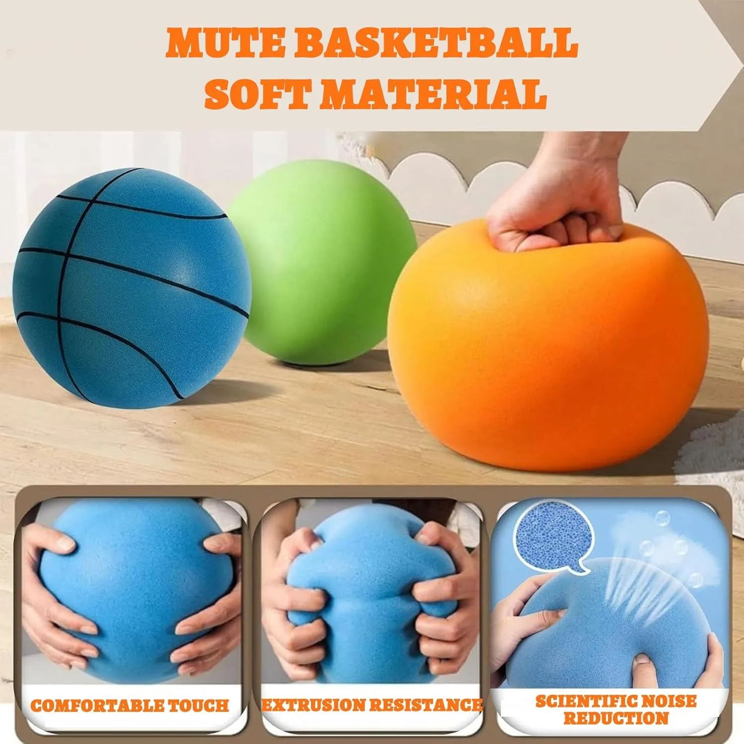 Silent Basketball and Hoop Set, Silent Basketball Hoop, Quiet Basketball Dribbling No Noise, Mini Foam Basketball for Door or Wall Mounted, Size 7/8/9 in, for Kids and Toddlers(Orange,#7)
