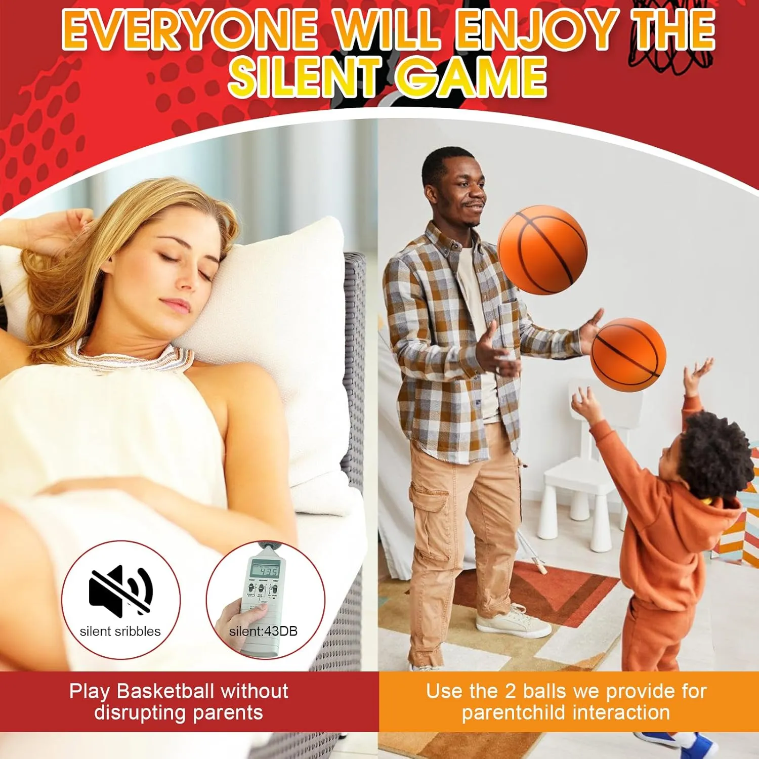 Silent Basketball Set - 2PCS Official Size 7 and 3 (9.5in & 7.1in) Upgrade Dribble Dream Airless Basketball for Quiet Dribbling and Indoor Training, Real Feel Higher Bounce Quieter