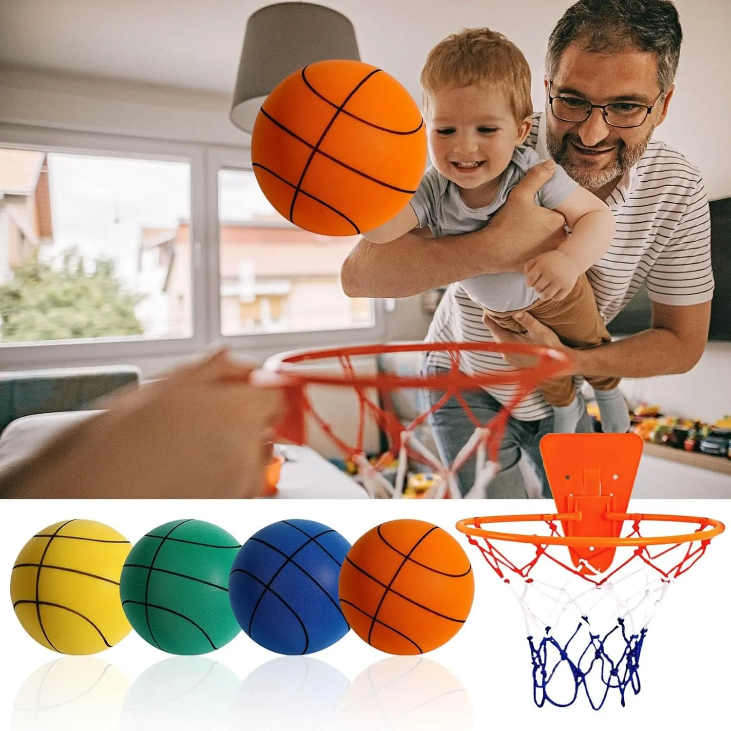Silent Basketball with Basketball Rim, Soft Foam Indoor Basketball, Dribble Dream Silent Basketball, Soundless Basketball for Quiet Dribbling and Indoor Training