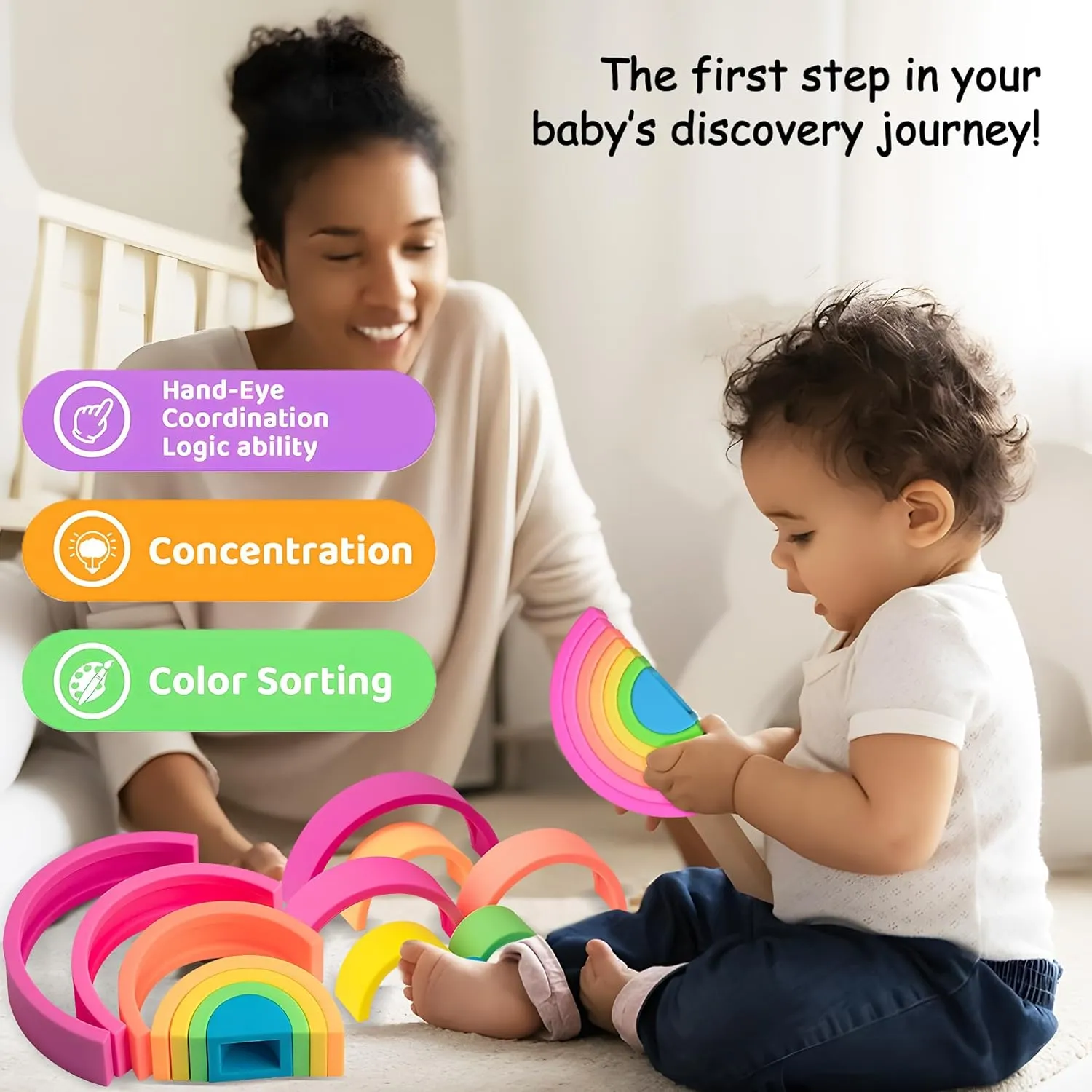 Silicone Stacking Toys for Babies, Rainbow Stacker, Montessori Nesting Blocks Soft Building Toys Large Sensory Stacking Toys for Creative Play & Learning, for Toddlers, 7CPS