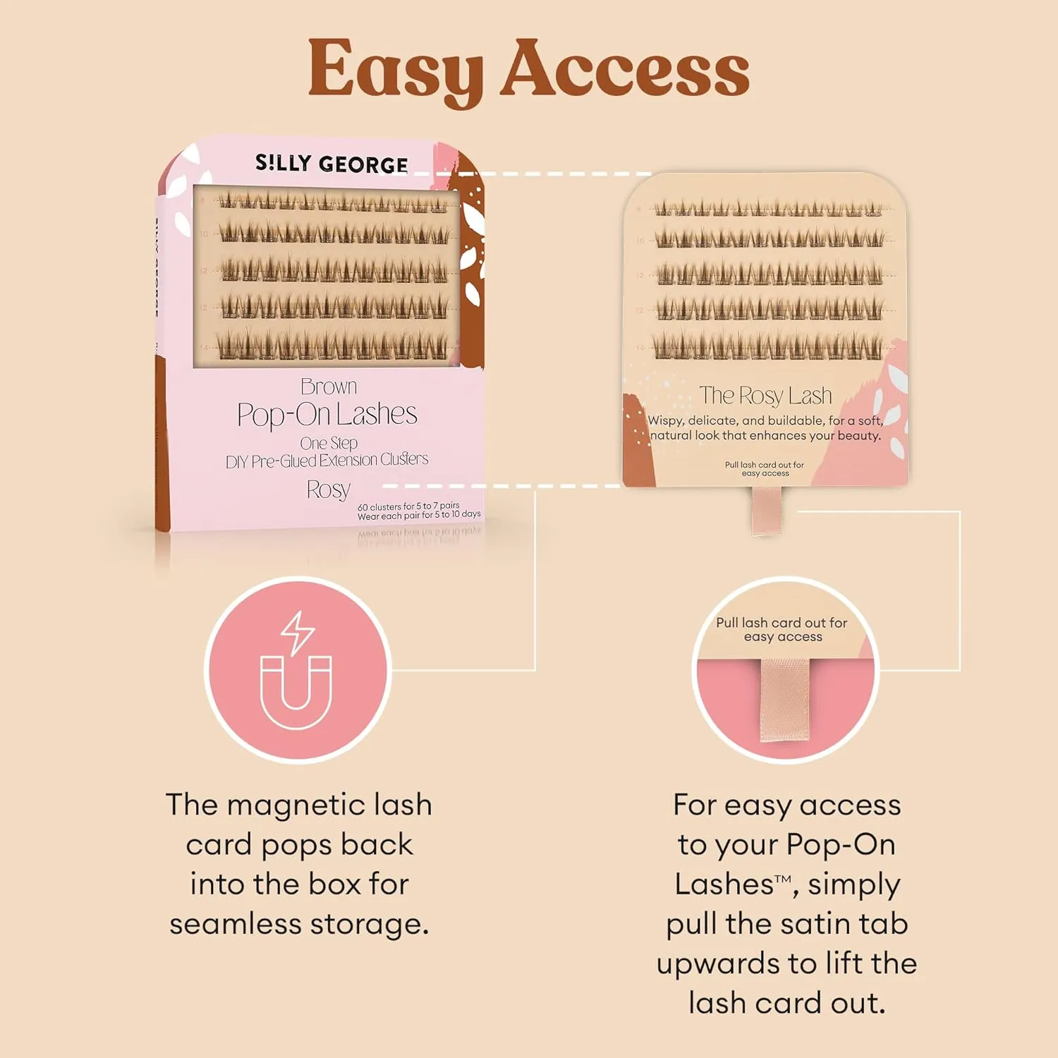 Silly George Pop-On Lashes - DIY 1-Step Pre-Glued Faux Eyelash Clusters, Natural Look Extensions, Brown - Rosy, 5-7 Pair Set, Pack of 60 Clusters