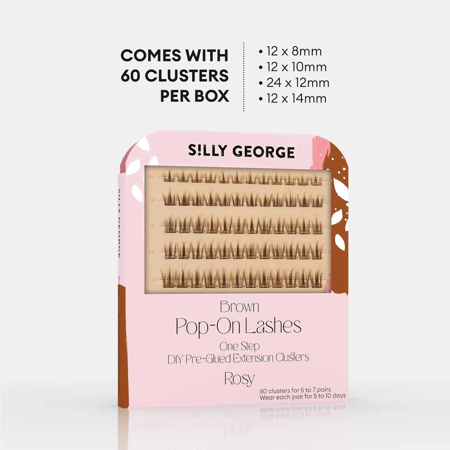 Silly George Pop-On Lashes - DIY 1-Step Pre-Glued Faux Eyelash Clusters, Natural Look Extensions, Brown - Rosy, 5-7 Pair Set, Pack of 60 Clusters