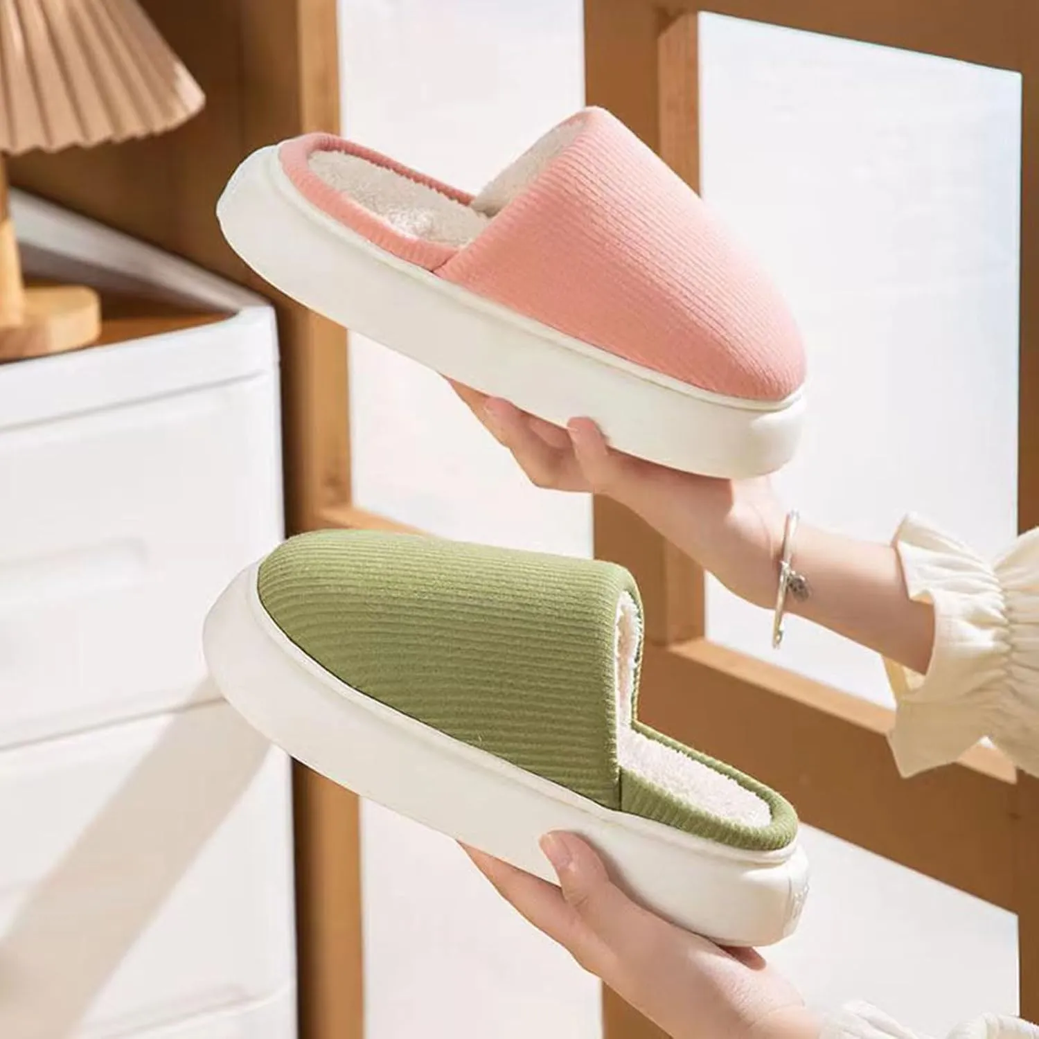 Simple Knitted Fabric Material Latex Cotton Slippers Soft Fluffy Warm Cozy Home Non-Slip Women Style Casual Memory Foam Slides Indoor Outdoor Anti-Skid
