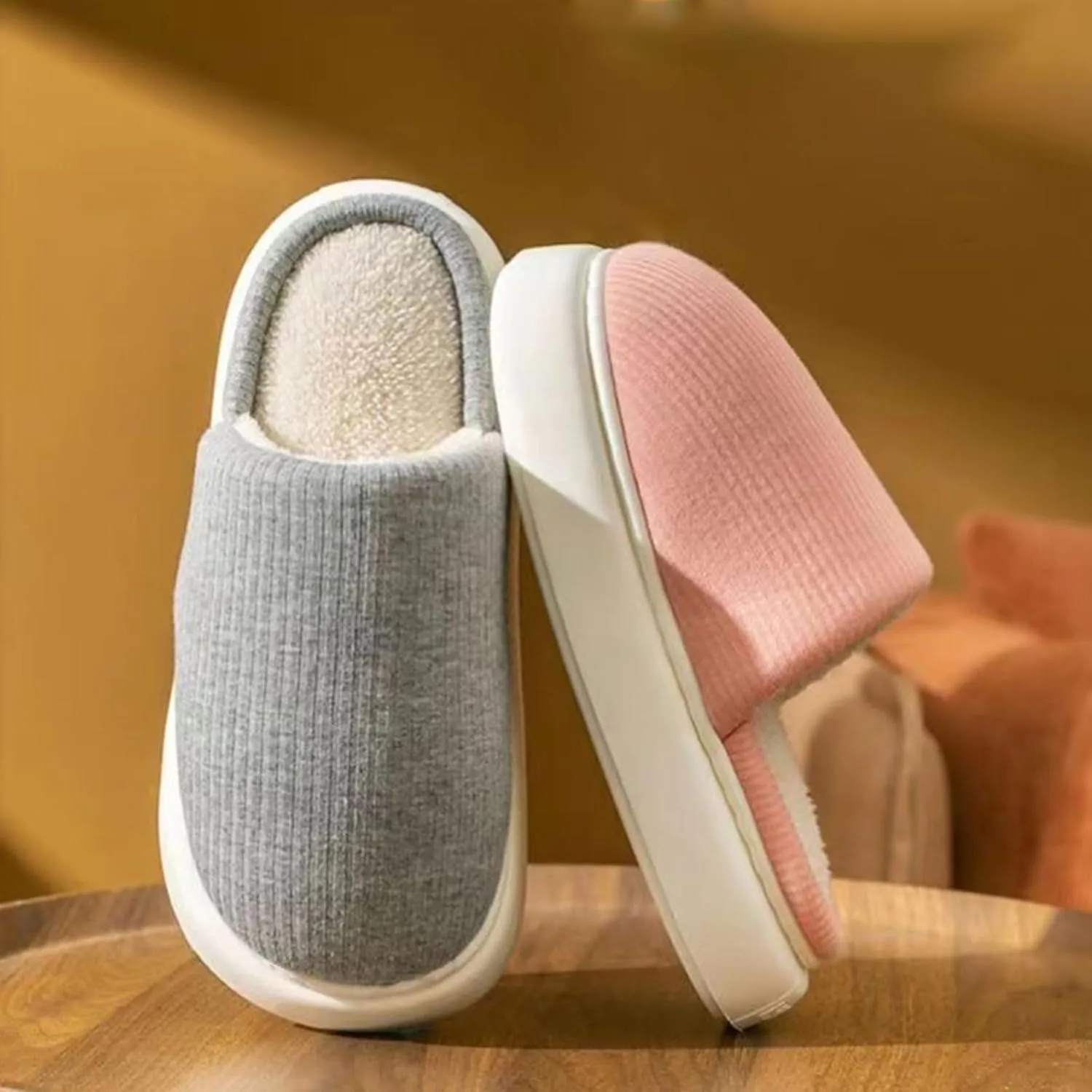 Simple Knitted Fabric Material Latex Cotton Slippers Soft Fluffy Warm Cozy Home Non-Slip Women Style Casual Memory Foam Slides Indoor Outdoor Anti-Skid