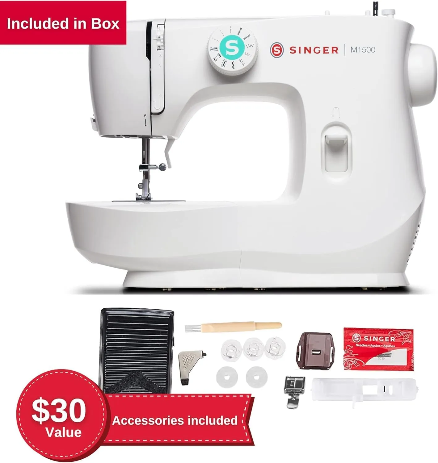 SINGER M1500 Lightweight & Portable Sewing Machine with Accessory Kit | 57 Stitch Applications, LED Light & 4-step Buttonhole | Great for Quilting, Crafts & Mending