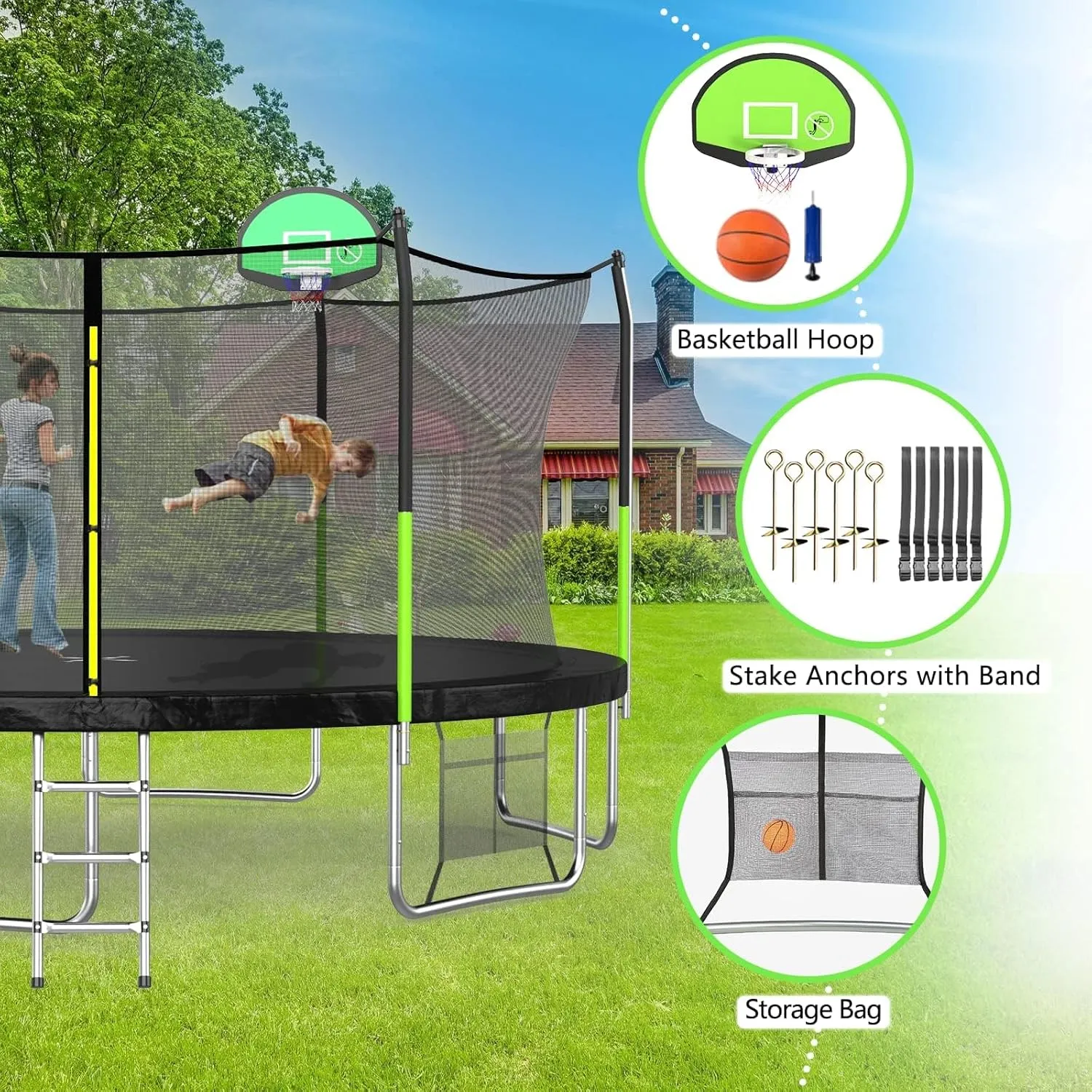 SKOK Trampoline 8FT 10FT 12FT 14FT 15FT Trampolines with Enclosure Net, 400LBS Outdoor Trampolines for Kids with Basketball Hoop-ASTM Approved Trampoline for Children and Adults with Ladder