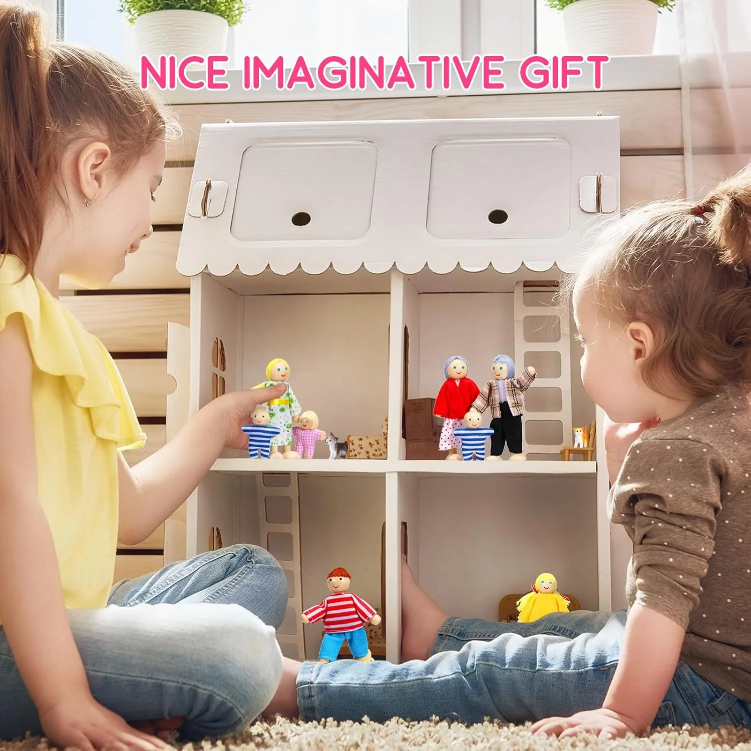 Skylety 10 Pcs Wooden Dollhouse Set of Mini People Figures Dollhouse Dolls Wooden Doll Pretend Play Figures Accessories(Bright Style)