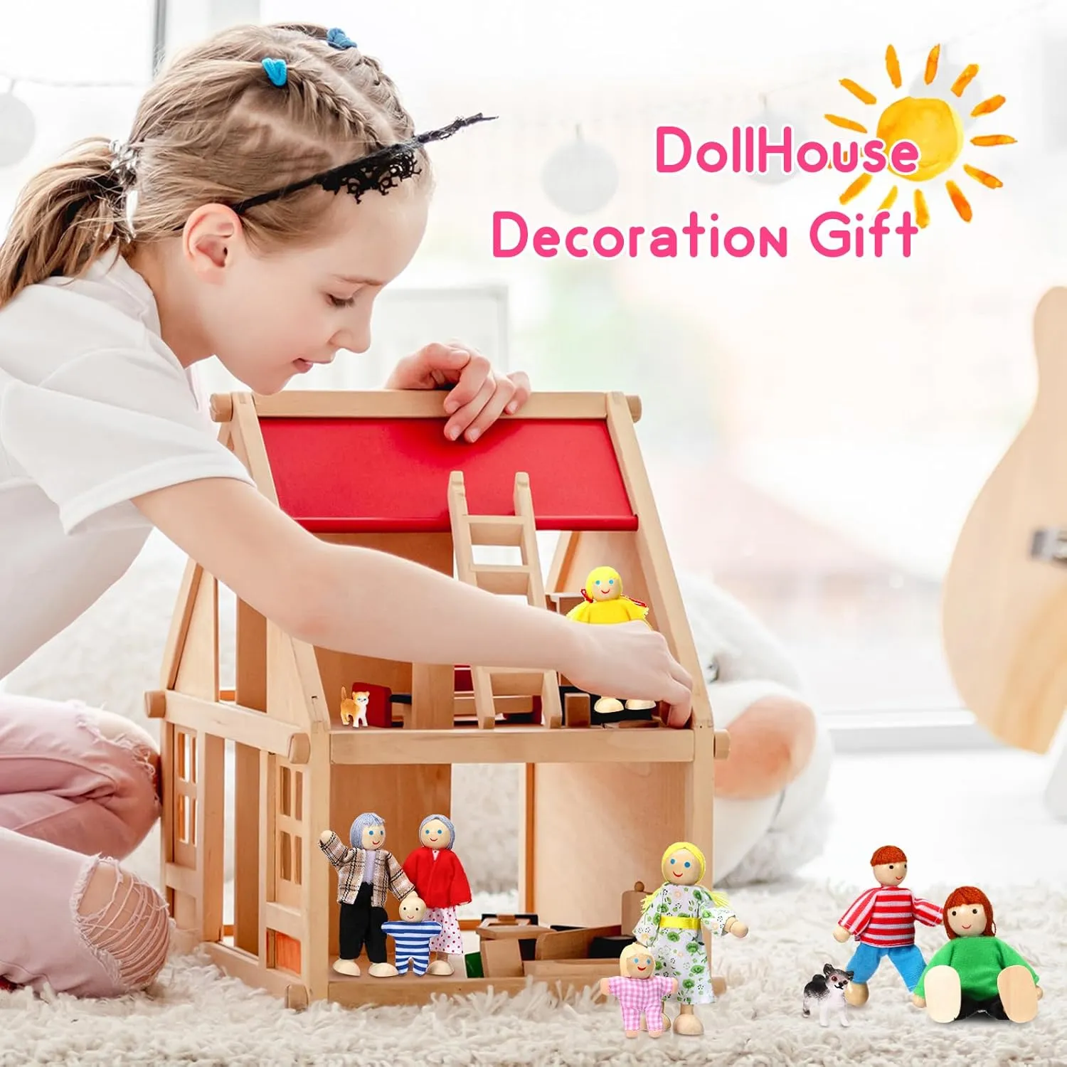 Skylety 10 Pcs Wooden Dollhouse Set of Mini People Figures Dollhouse Dolls Wooden Doll Pretend Play Figures Accessories(Bright Style)