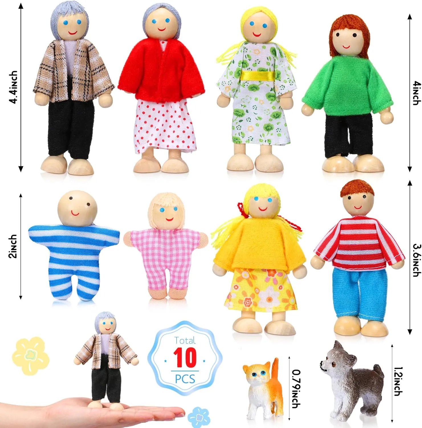 Skylety 10 Pcs Wooden Dollhouse Set of Mini People Figures Dollhouse Dolls Wooden Doll Pretend Play Figures Accessories(Bright Style)