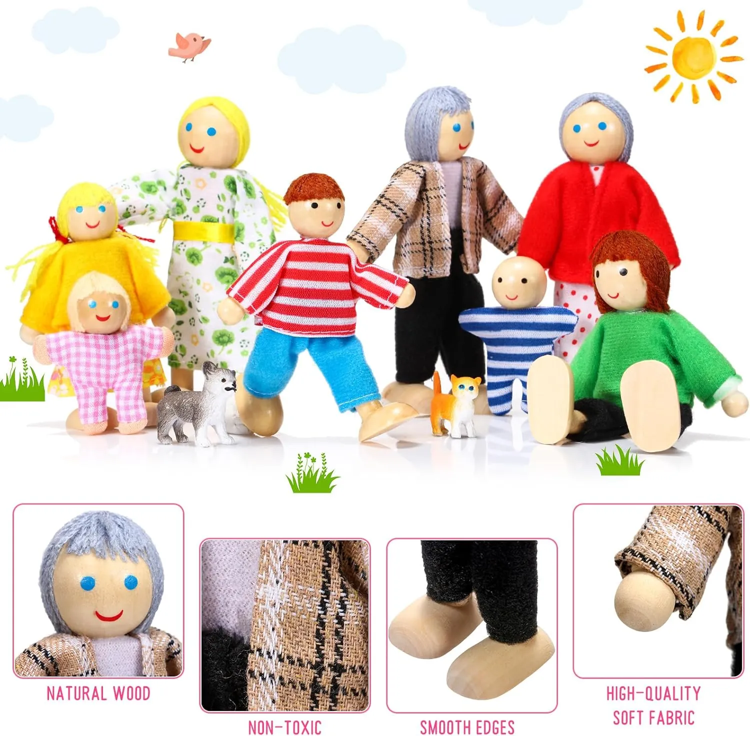 Skylety 10 Pcs Wooden Dollhouse Set of Mini People Figures Dollhouse Dolls Wooden Doll Pretend Play Figures Accessories(Bright Style)