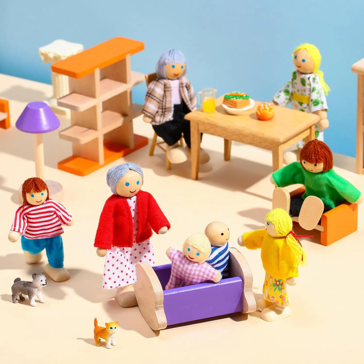 Skylety 10 Pcs Wooden Dollhouse Set of Mini People Figures Dollhouse Dolls Wooden Doll Pretend Play Figures Accessories(Bright Style)