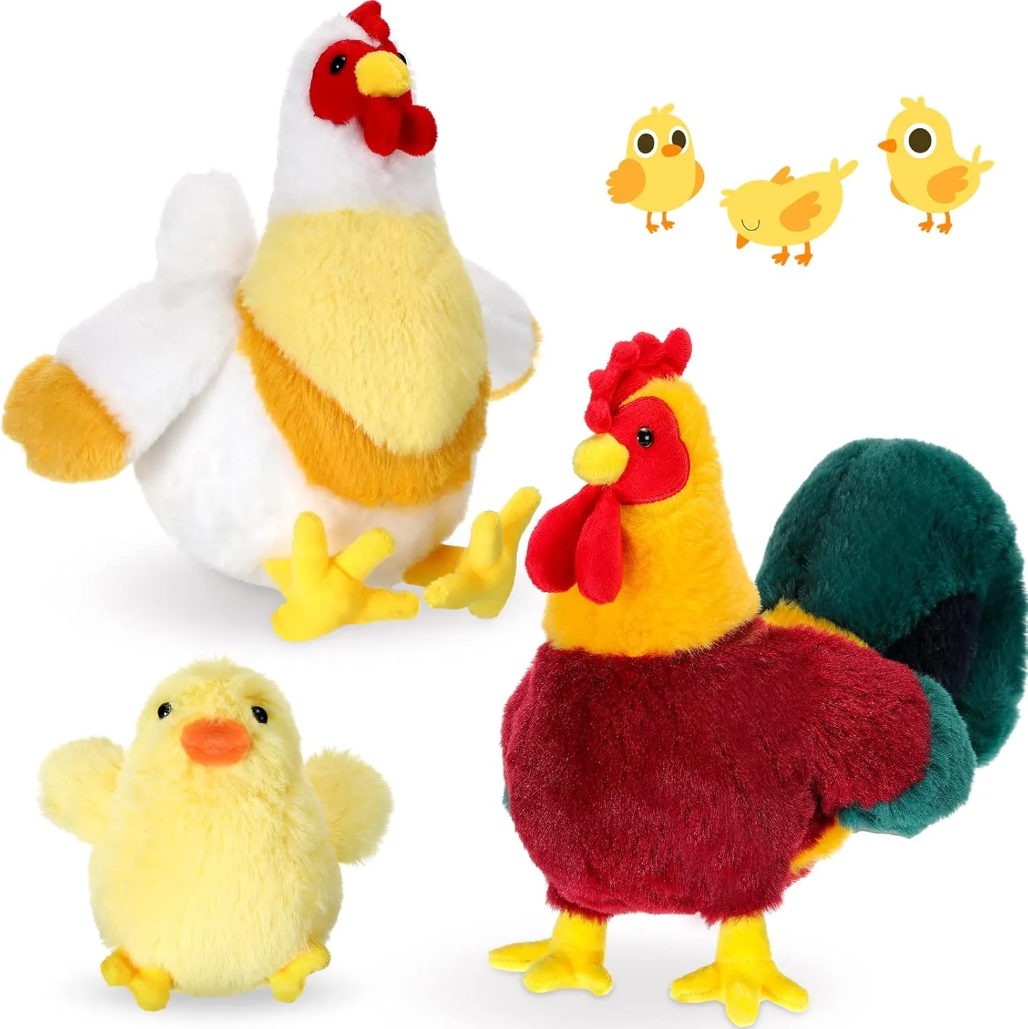 Skylety 3 Pcs Chicken Stuffed Animal Toys Gifts Set Chicken Plush Stuffed Toy Cute Cocky Rooster Plush Little Baby Chick Toys for Baby Shower Party Favor Birthday Supplies