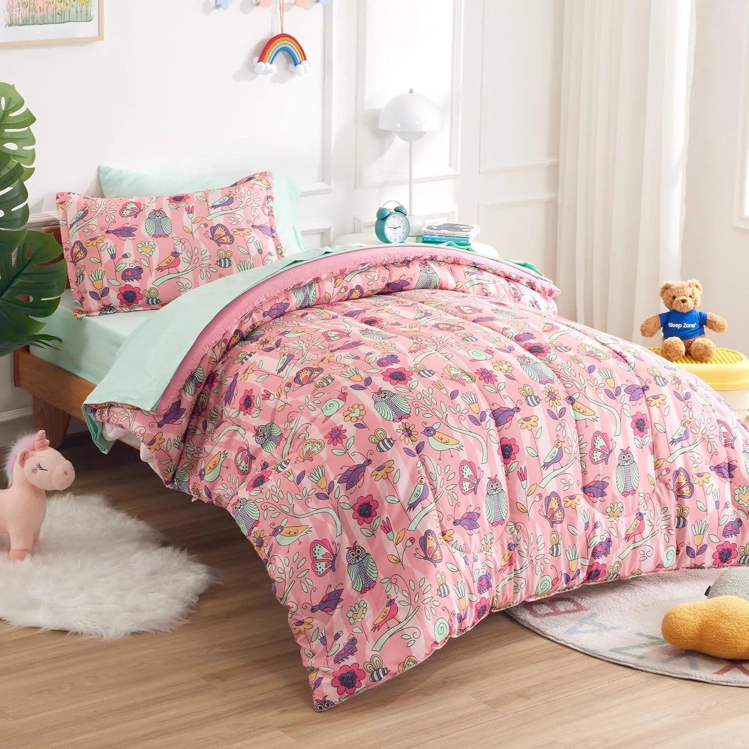 SLEEP ZONE Comforter Set Bed in A Bag, 7 Pieces Girls, Cattoon Pattern for Kids, Toddlers, Teens, Ultra Soft and Washable (Garden Secret,Full/Queen)