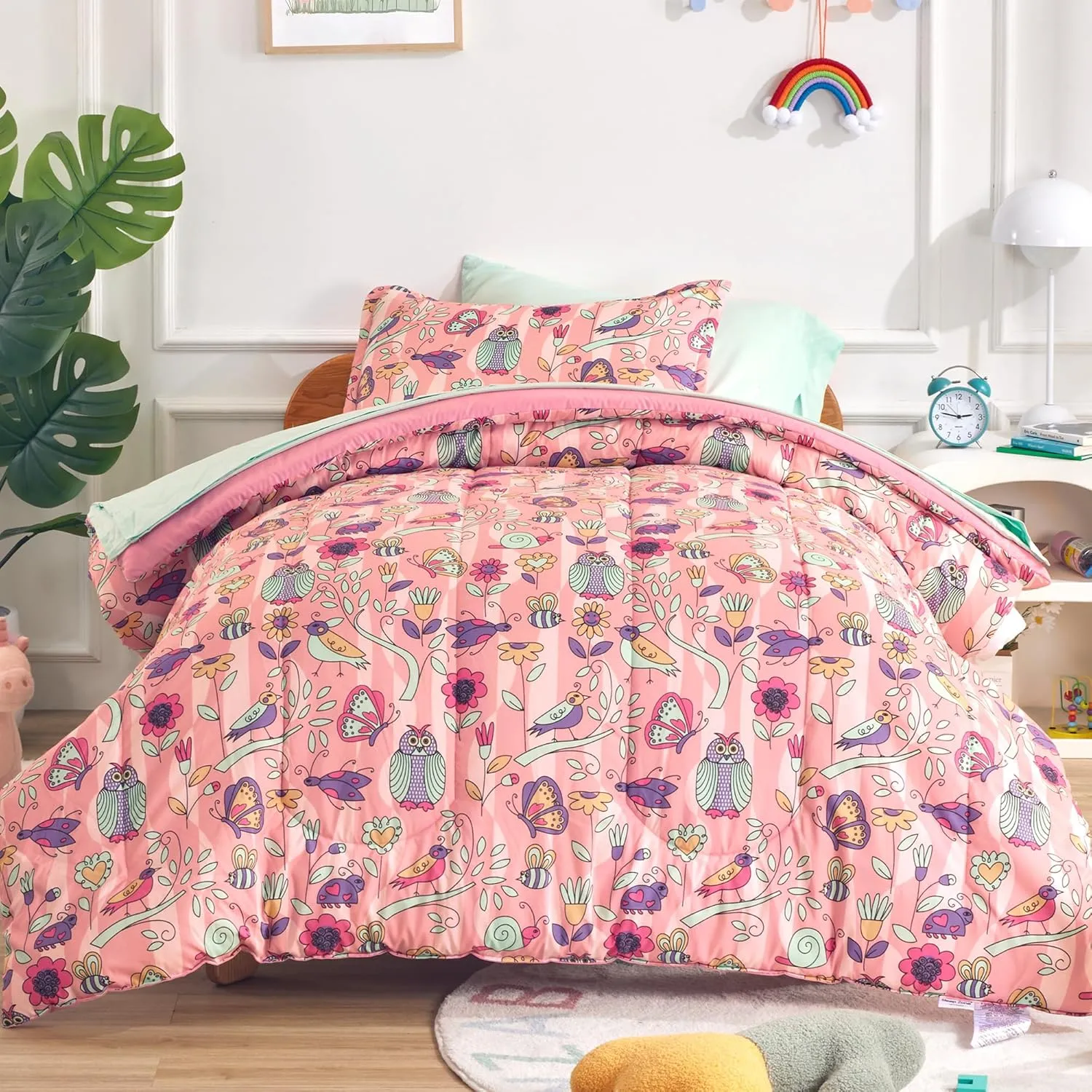SLEEP ZONE Comforter Set Bed in A Bag, 7 Pieces Girls, Cattoon Pattern for Kids, Toddlers, Teens, Ultra Soft and Washable (Garden Secret,Full/Queen)