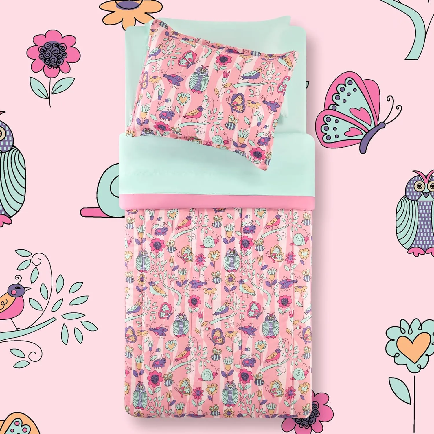 SLEEP ZONE Comforter Set Bed in A Bag, 7 Pieces Girls, Cattoon Pattern for Kids, Toddlers, Teens, Ultra Soft and Washable (Garden Secret,Full/Queen)
