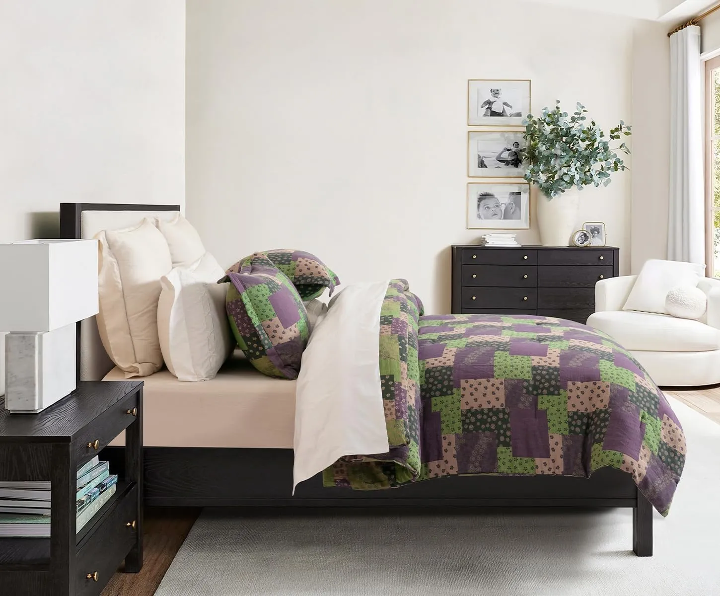 SLEEPBELLA Washed Double Layer Muslin 100% Cotton Comforter Set Queen Size, Purple Green Patchwork Fluffy Thick Checked Bedding Set, Soft Breathable (1 Comforter, 2 Pillow Shams)