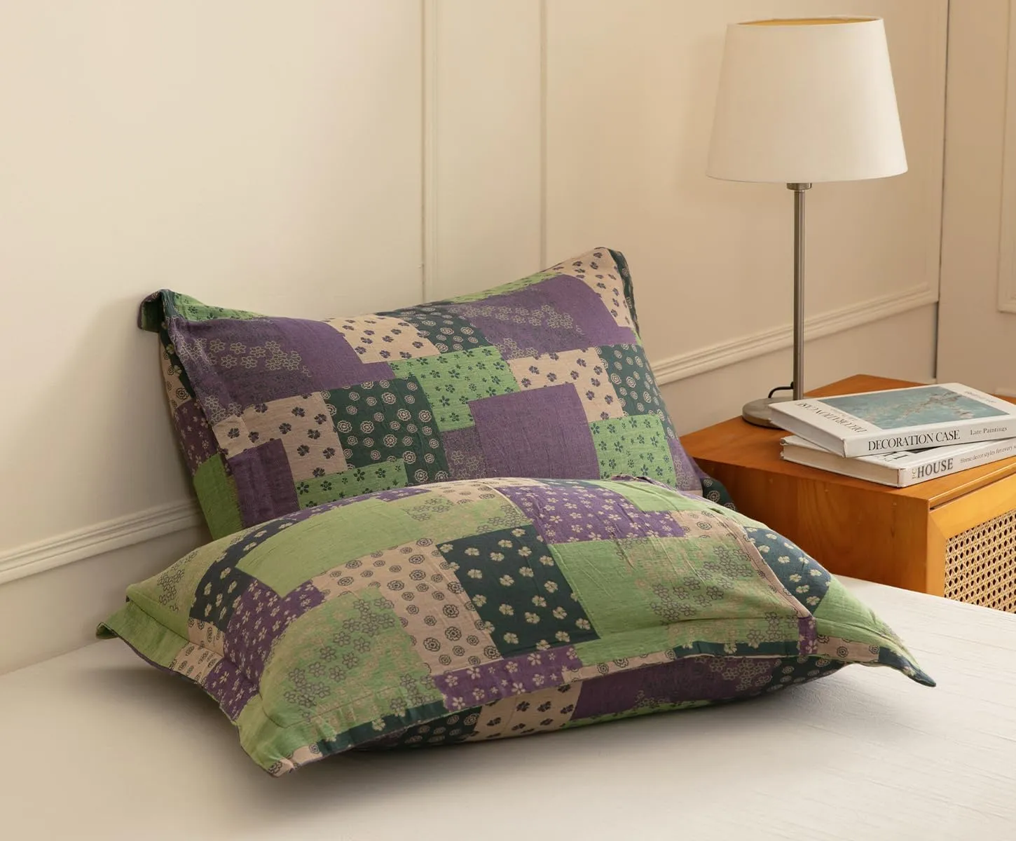 SLEEPBELLA Washed Double Layer Muslin 100% Cotton Comforter Set Queen Size, Purple Green Patchwork Fluffy Thick Checked Bedding Set, Soft Breathable (1 Comforter, 2 Pillow Shams)
