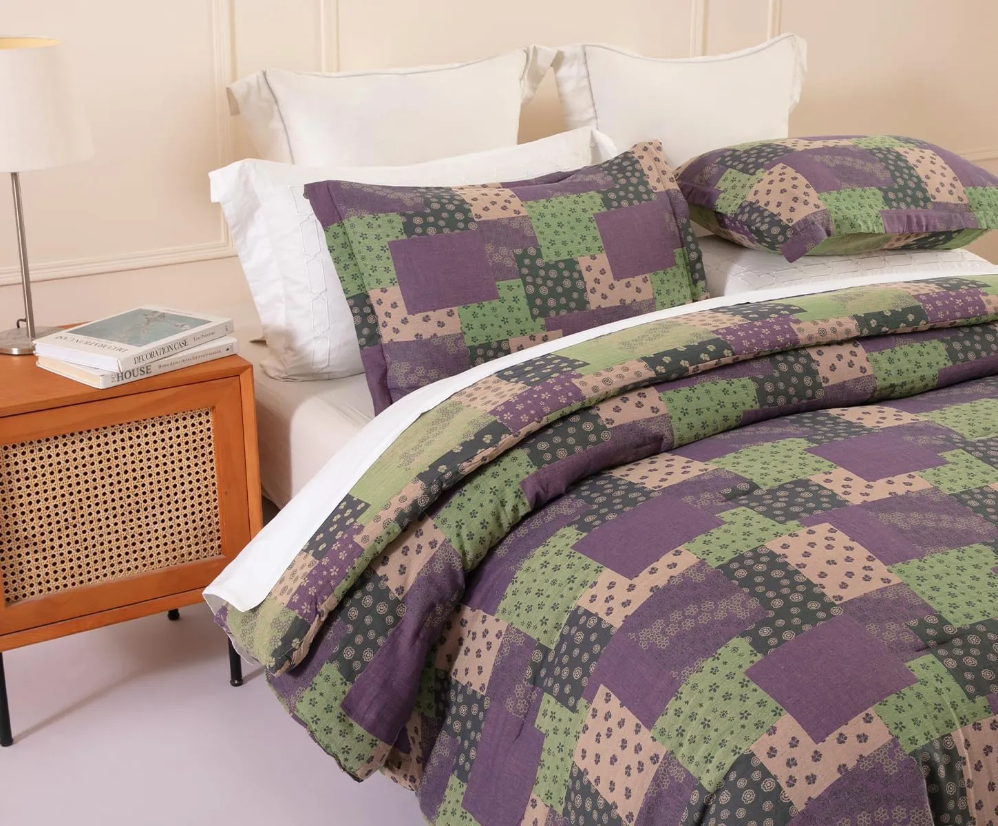 SLEEPBELLA Washed Double Layer Muslin 100% Cotton Comforter Set Queen Size, Purple Green Patchwork Fluffy Thick Checked Bedding Set, Soft Breathable (1 Comforter, 2 Pillow Shams)