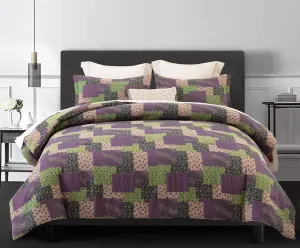 SLEEPBELLA Washed Double Layer Muslin 100% Cotton Comforter Set Queen Size, Purple Green Patchwork Fluffy Thick Checked Bedding Set, Soft Breathable (1 Comforter, 2 Pillow Shams)