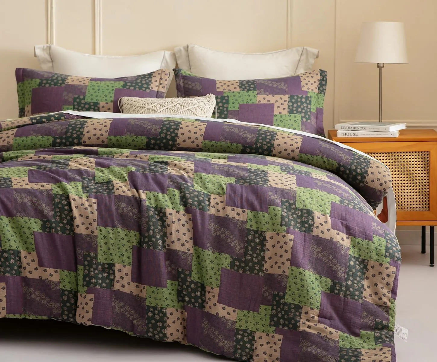 SLEEPBELLA Washed Double Layer Muslin 100% Cotton Comforter Set Queen Size, Purple Green Patchwork Fluffy Thick Checked Bedding Set, Soft Breathable (1 Comforter, 2 Pillow Shams)