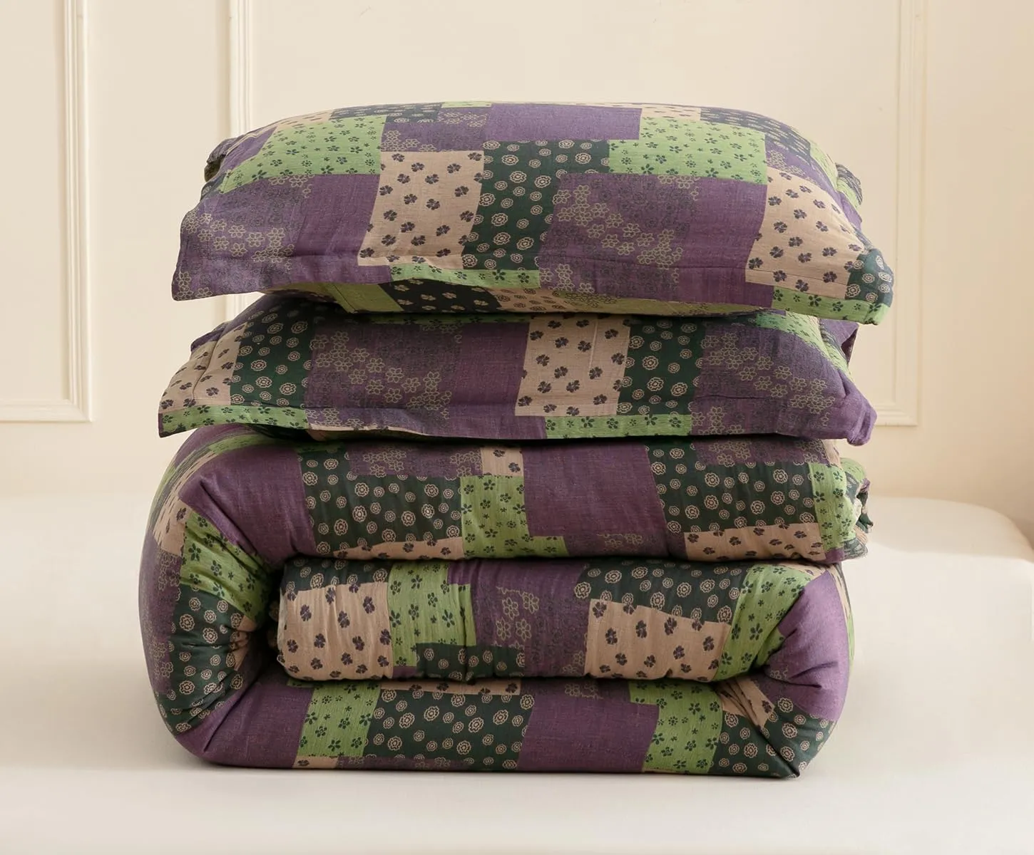 SLEEPBELLA Washed Double Layer Muslin 100% Cotton Comforter Set Queen Size, Purple Green Patchwork Fluffy Thick Checked Bedding Set, Soft Breathable (1 Comforter, 2 Pillow Shams)