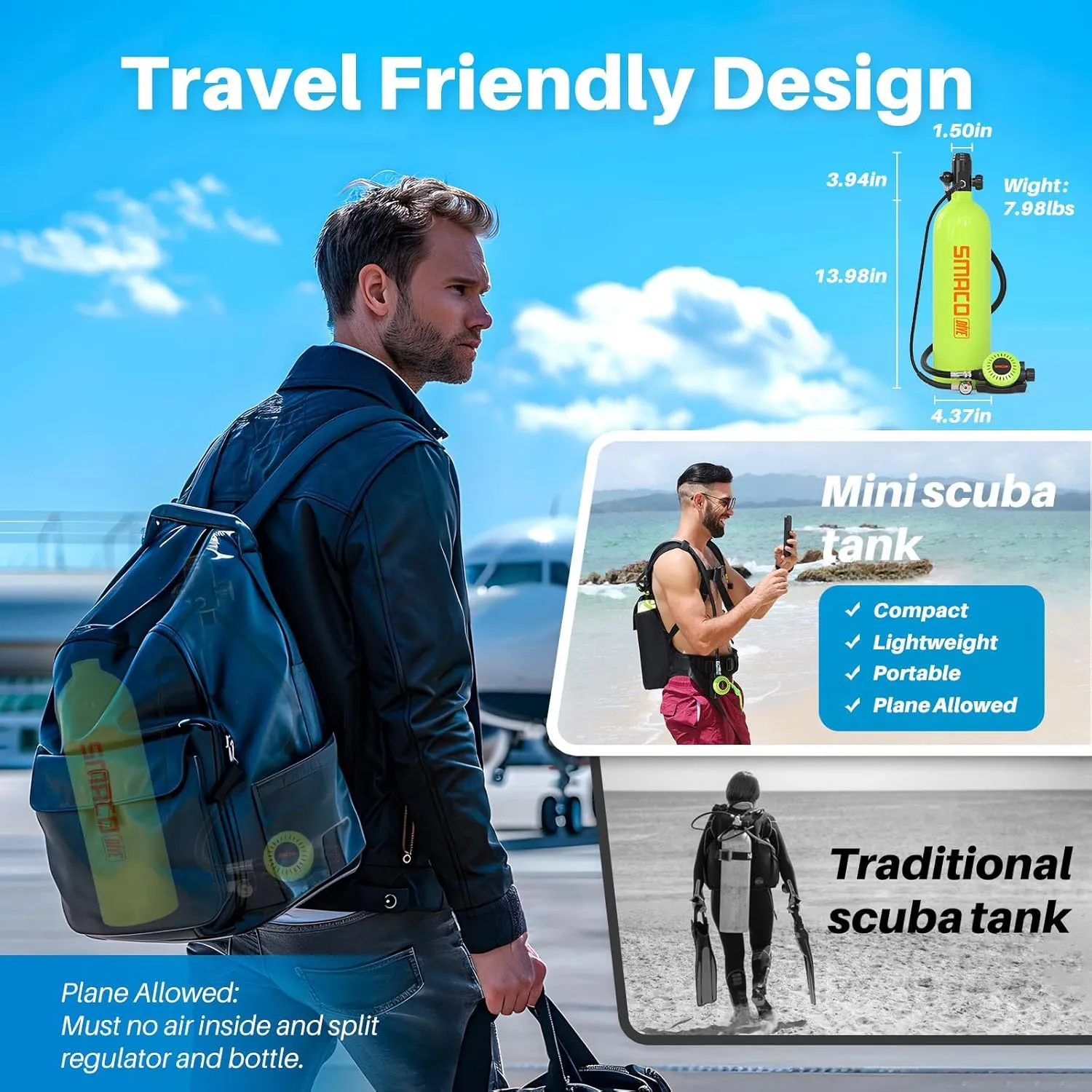 SMACO S700 Mini Scuba Tank 1.9L Portable Scuba Diving Tank Reusable Pony Bottle up to 30 Minutes Dive Time Backup Snorkel Air Tank Kit Diving Oxygen Cylinder for Underwater Exploration Rescue