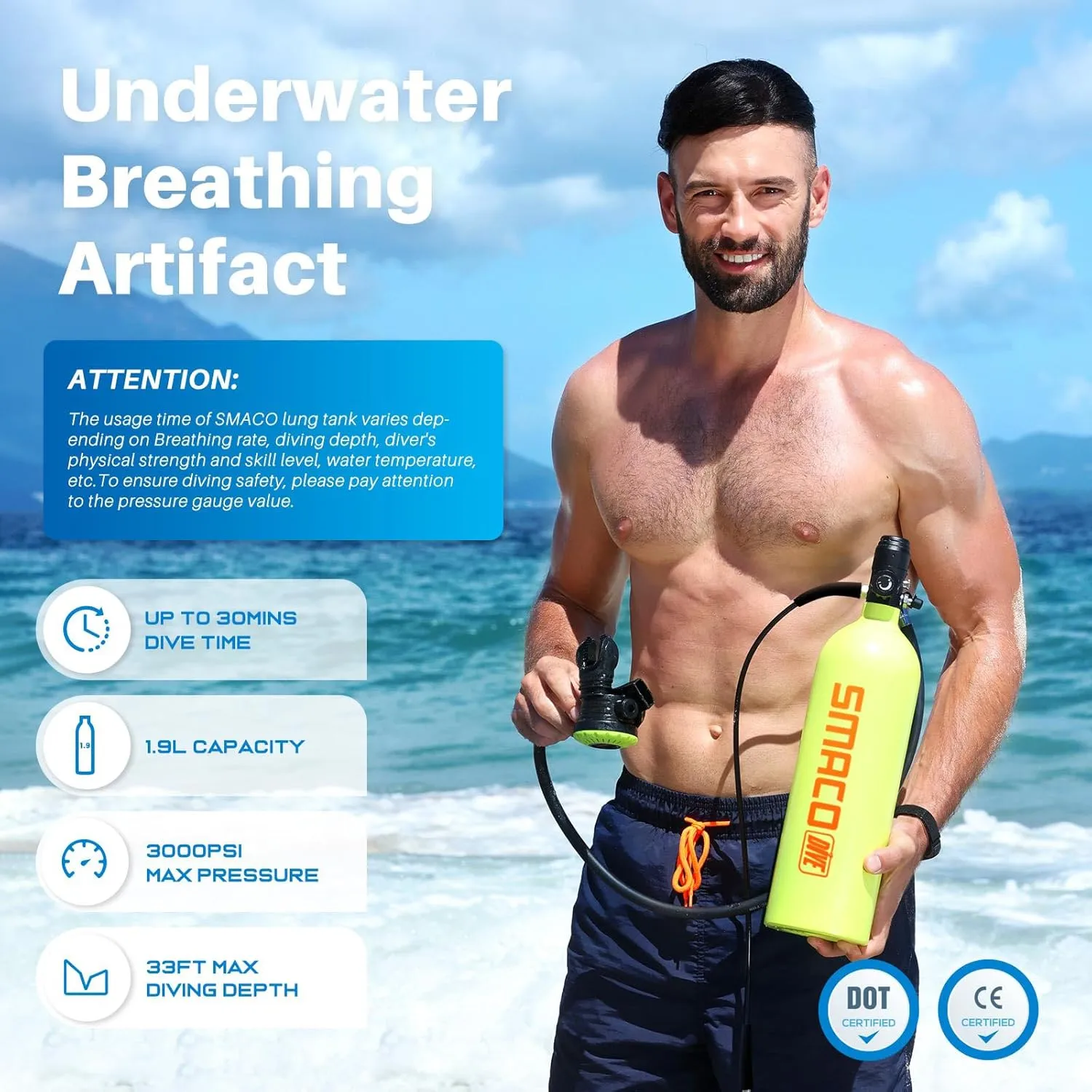 SMACO S700 Mini Scuba Tank 1.9L Portable Scuba Diving Tank Reusable Pony Bottle up to 30 Minutes Dive Time Backup Snorkel Air Tank Kit Diving Oxygen Cylinder for Underwater Exploration Rescue