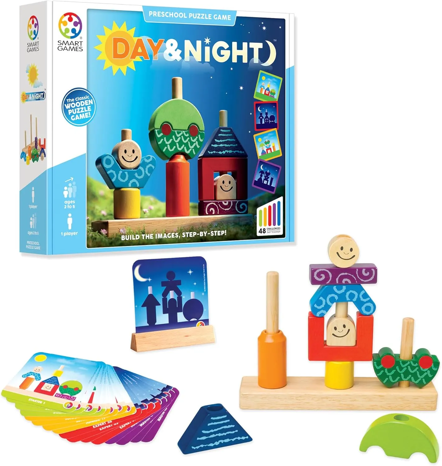 SmartGames Day & Night Wooden Cognitive Skill-Building Puzzle Game Featuring 48 Playful Challenges for Ages 2 
